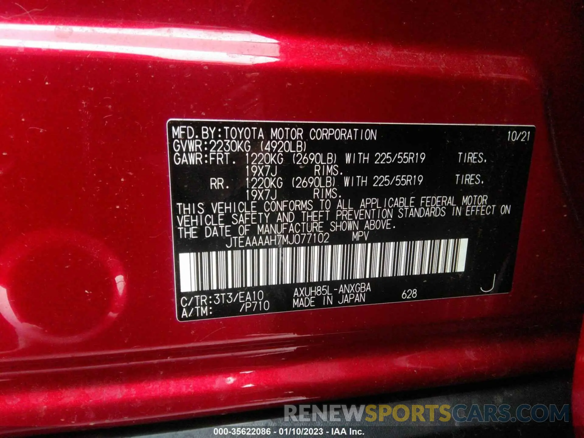 9 fotografías del automóvil dañado JTEAAAAH7MJ077102 TOYOTA VENZA 2021