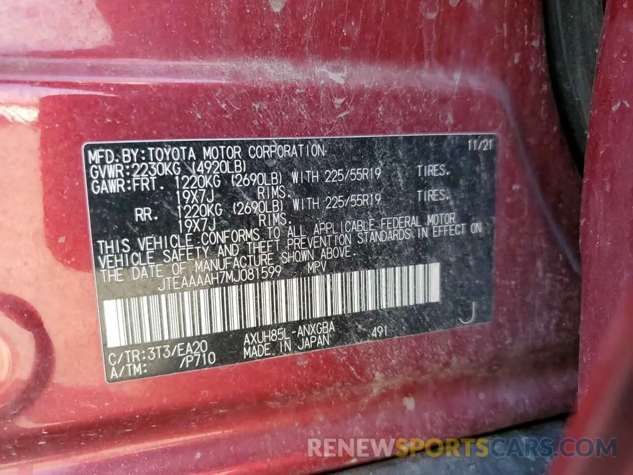 13 fotografías del automóvil dañado JTEAAAAH7MJ081599 TOYOTA VENZA 2021