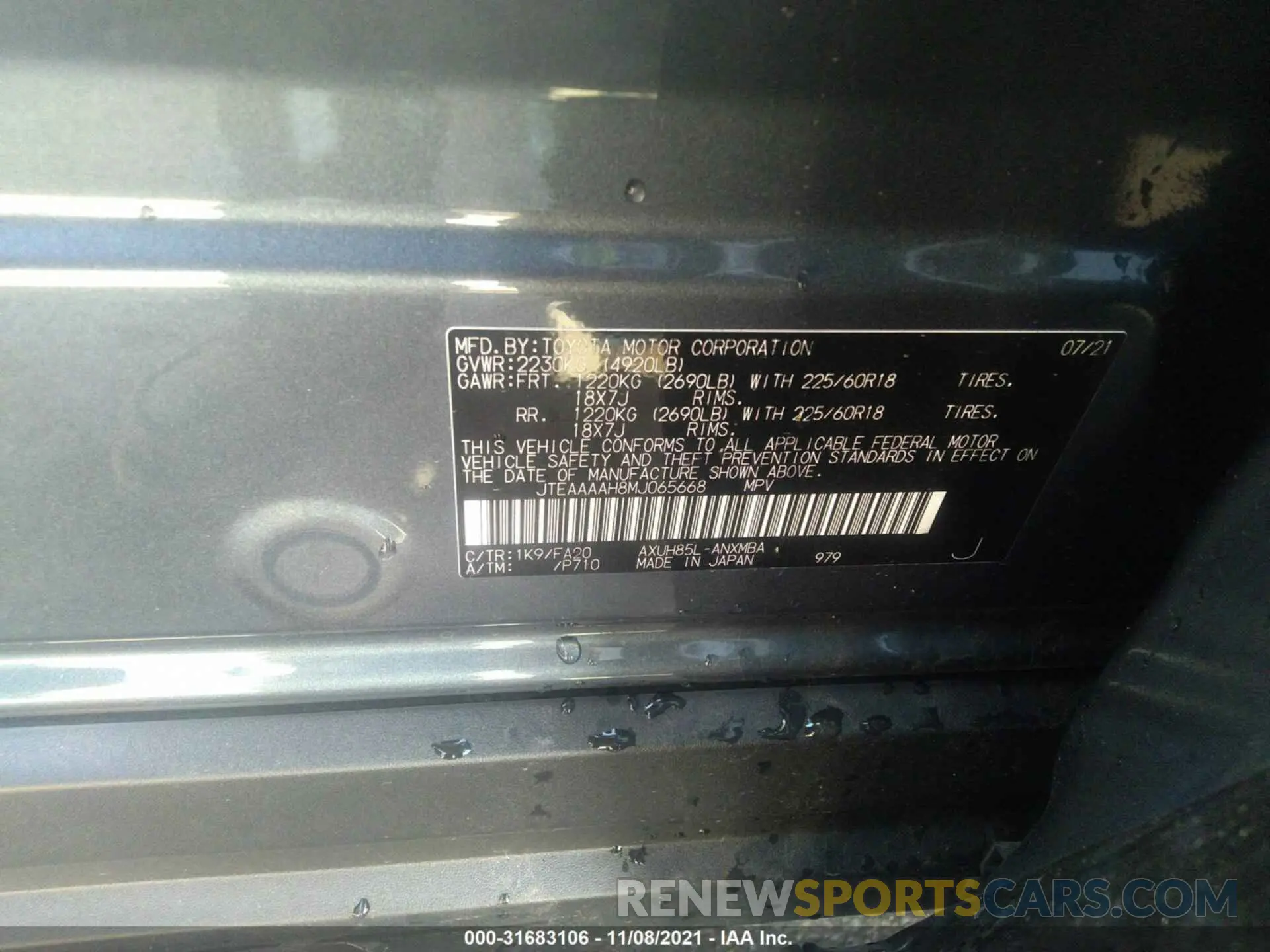 9 fotografías del automóvil dañado JTEAAAAH8MJ065668 TOYOTA VENZA 2021