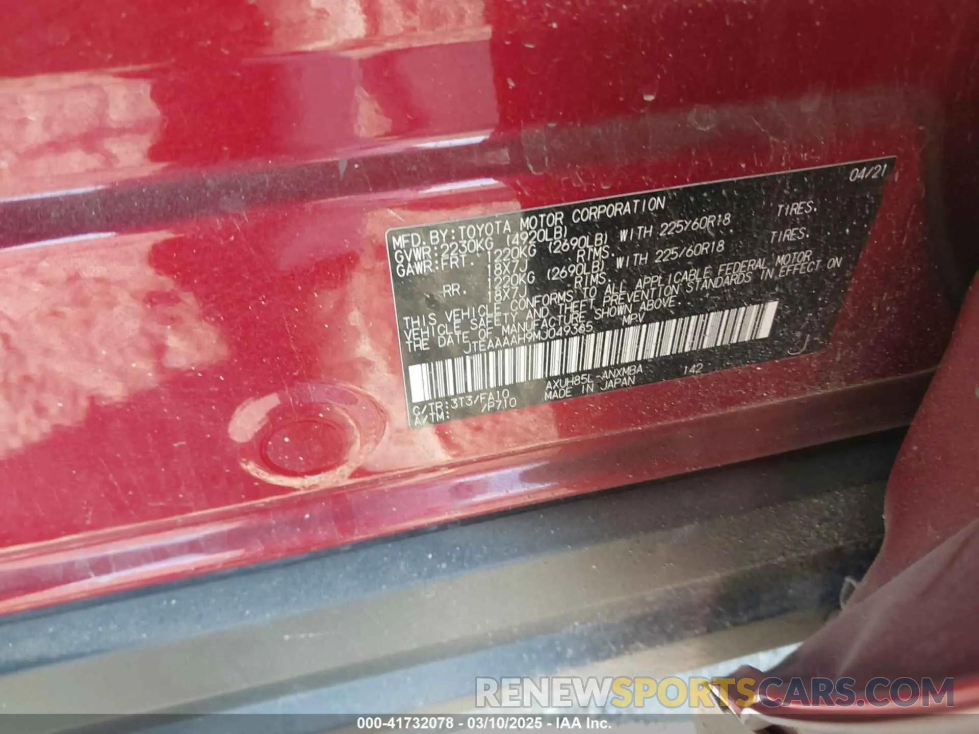 9 fotografías del automóvil dañado JTEAAAAH9MJ049365 TOYOTA VENZA 2021