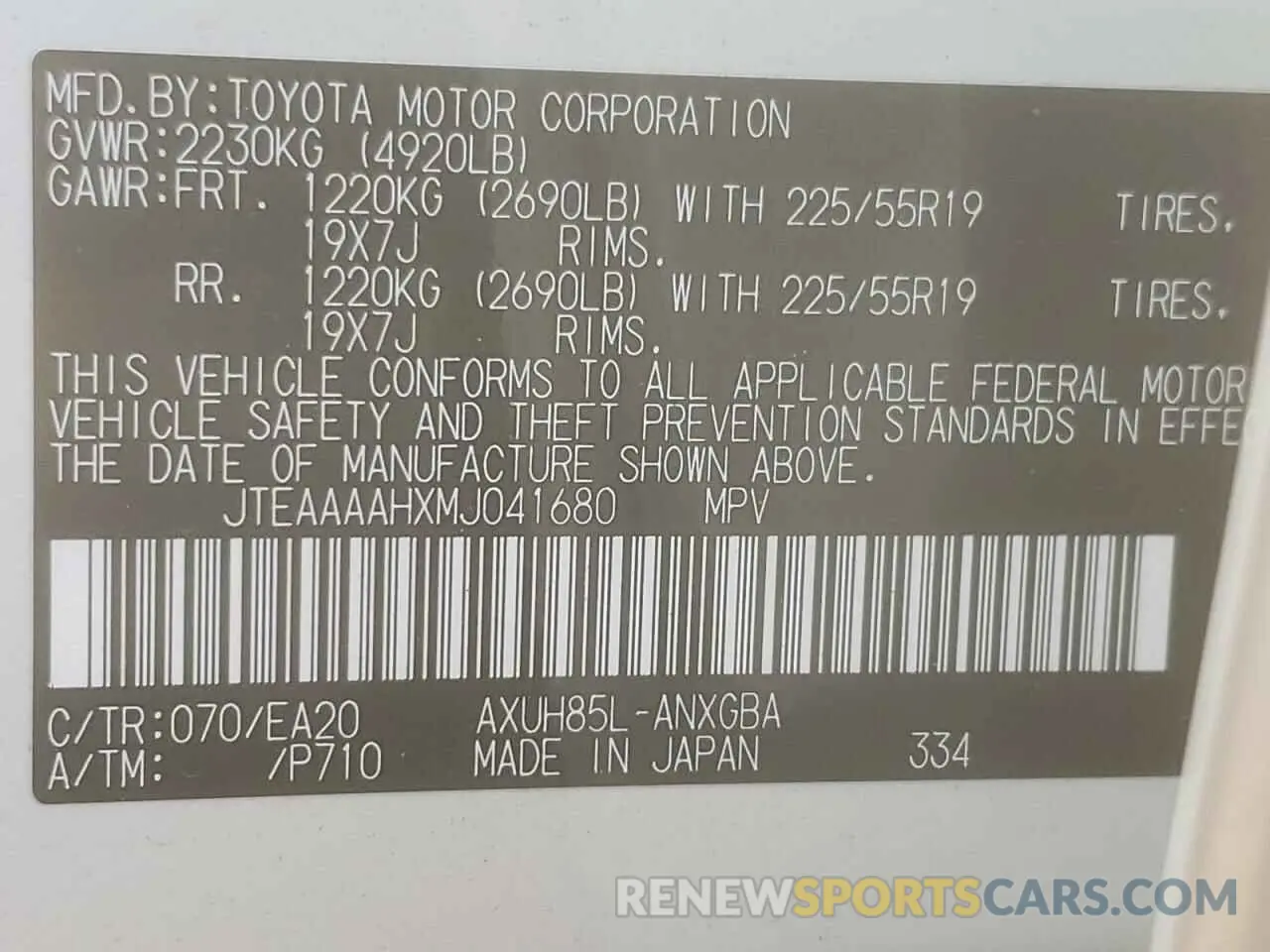 10 fotografías del automóvil dañado JTEAAAAHXMJ041680 TOYOTA VENZA 2021