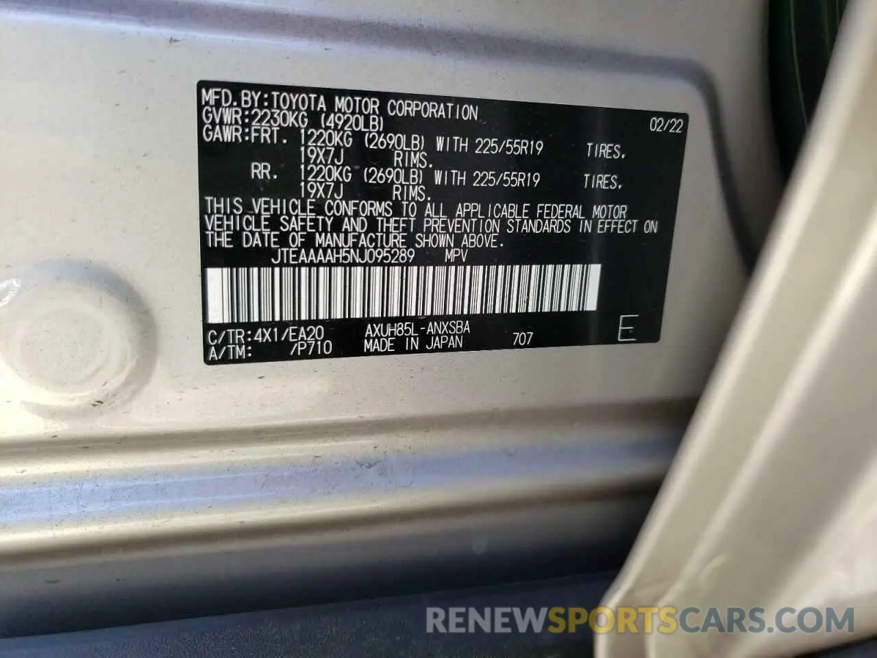 10 fotografías del automóvil dañado JTEAAAAH5NJ095289 TOYOTA VENZA 2022