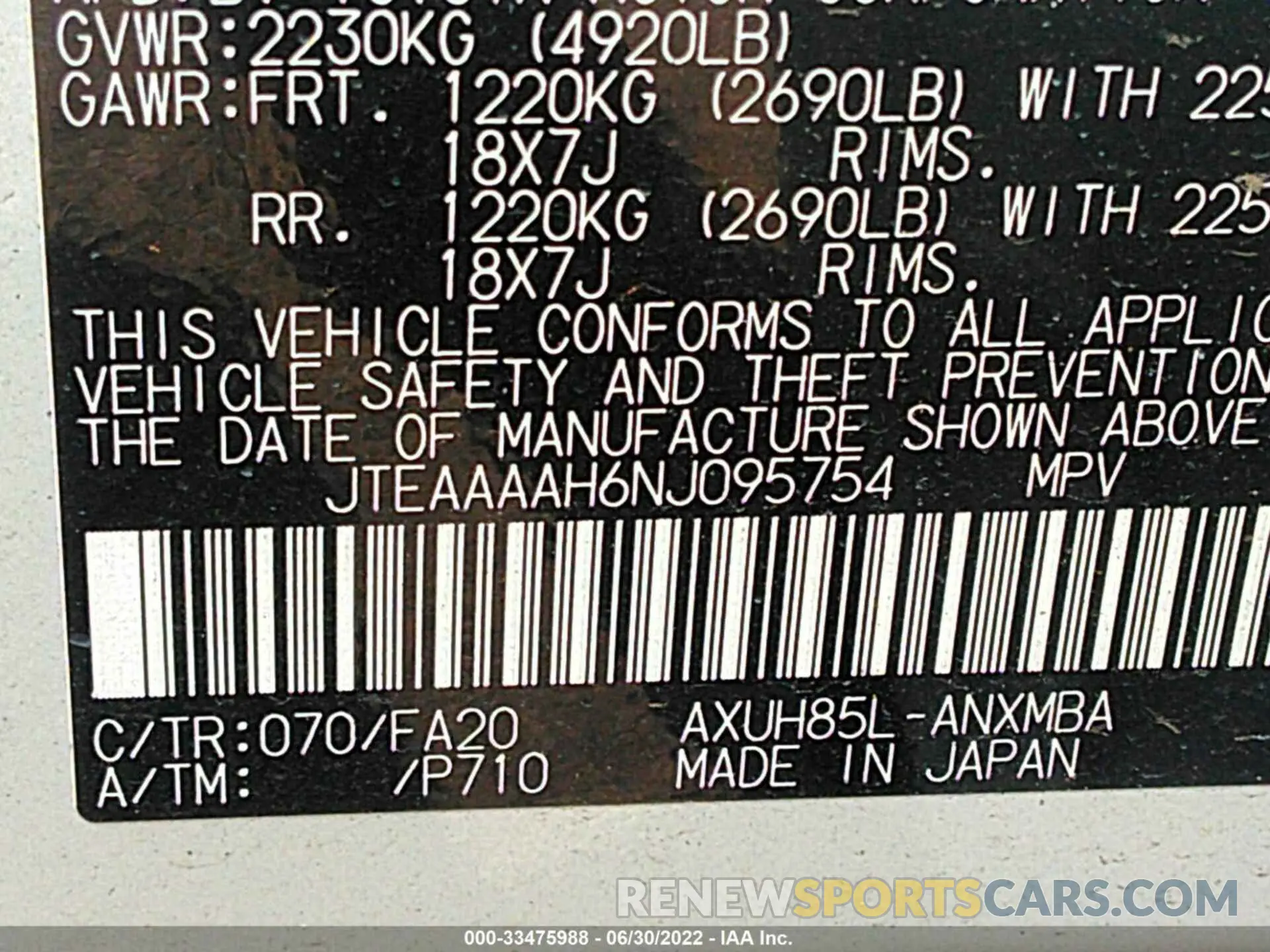 9 fotografías del automóvil dañado JTEAAAAH6NJ095754 TOYOTA VENZA 2022