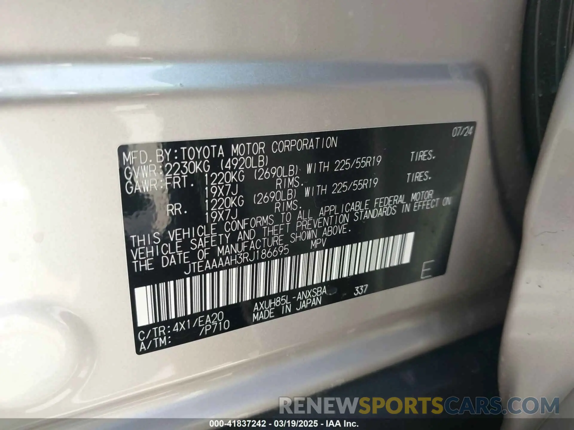 9 fotografías del automóvil dañado JTEAAAAH3RJ186695 TOYOTA VENZA 2024