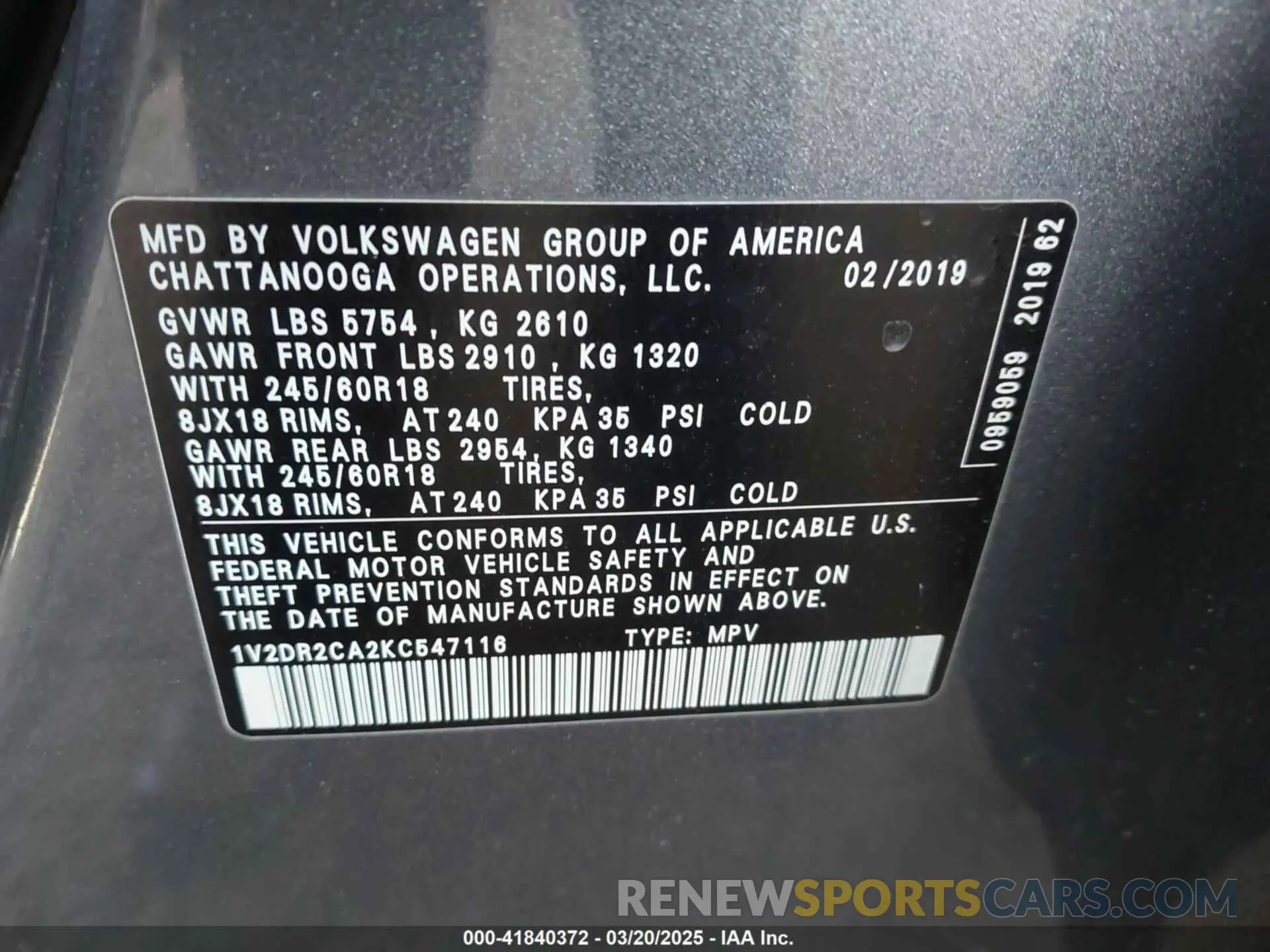 9 fotografías del automóvil dañado 1V2DR2CA2KC547116 VOLKSWAGEN ATLAS 2019