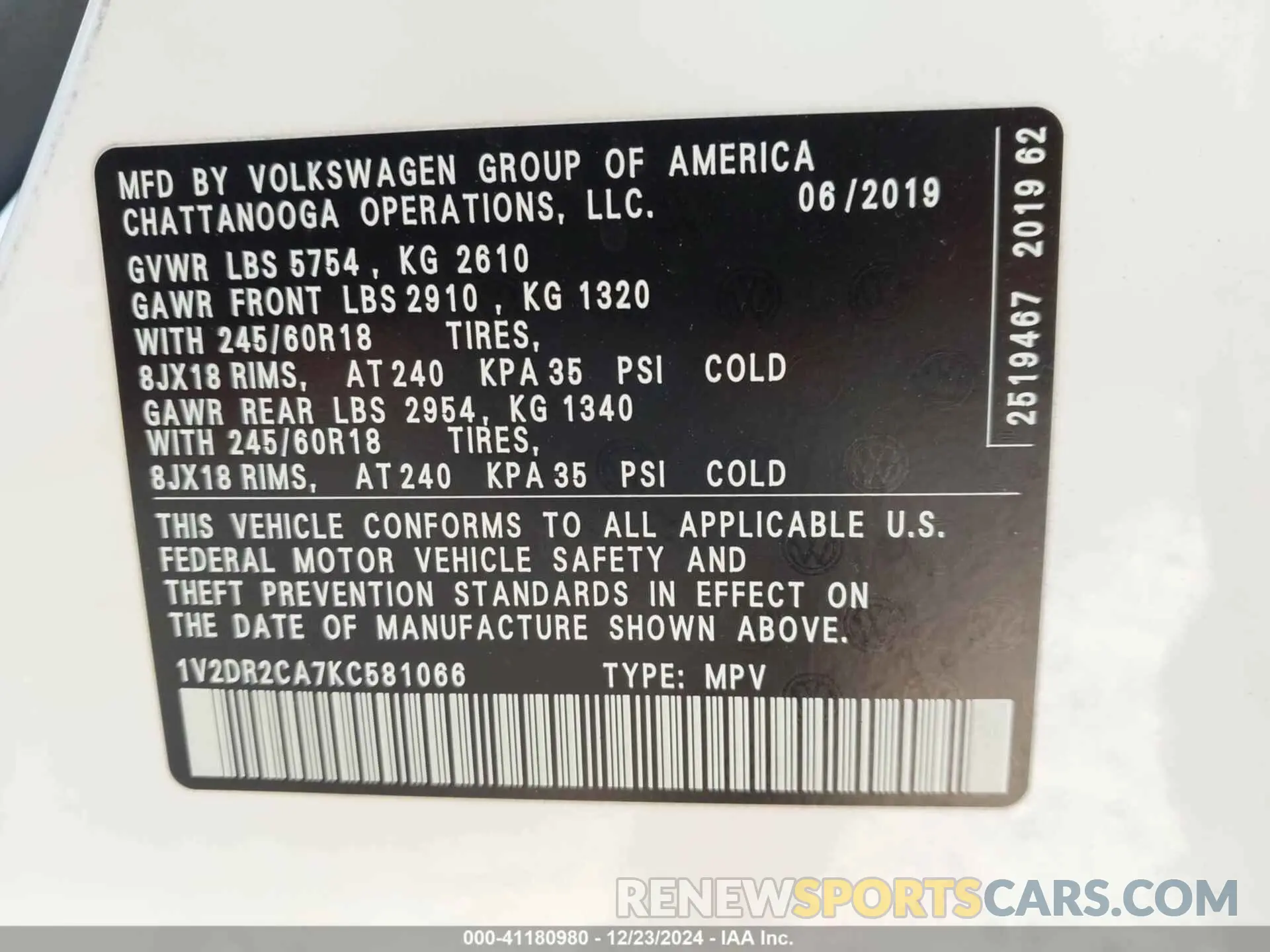 9 fotografías del automóvil dañado 1V2DR2CA7KC581066 VOLKSWAGEN ATLAS 2019