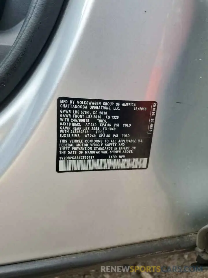 13 fotografías del automóvil dañado 1V2DR2CA8KC530787 VOLKSWAGEN ATLAS 2019