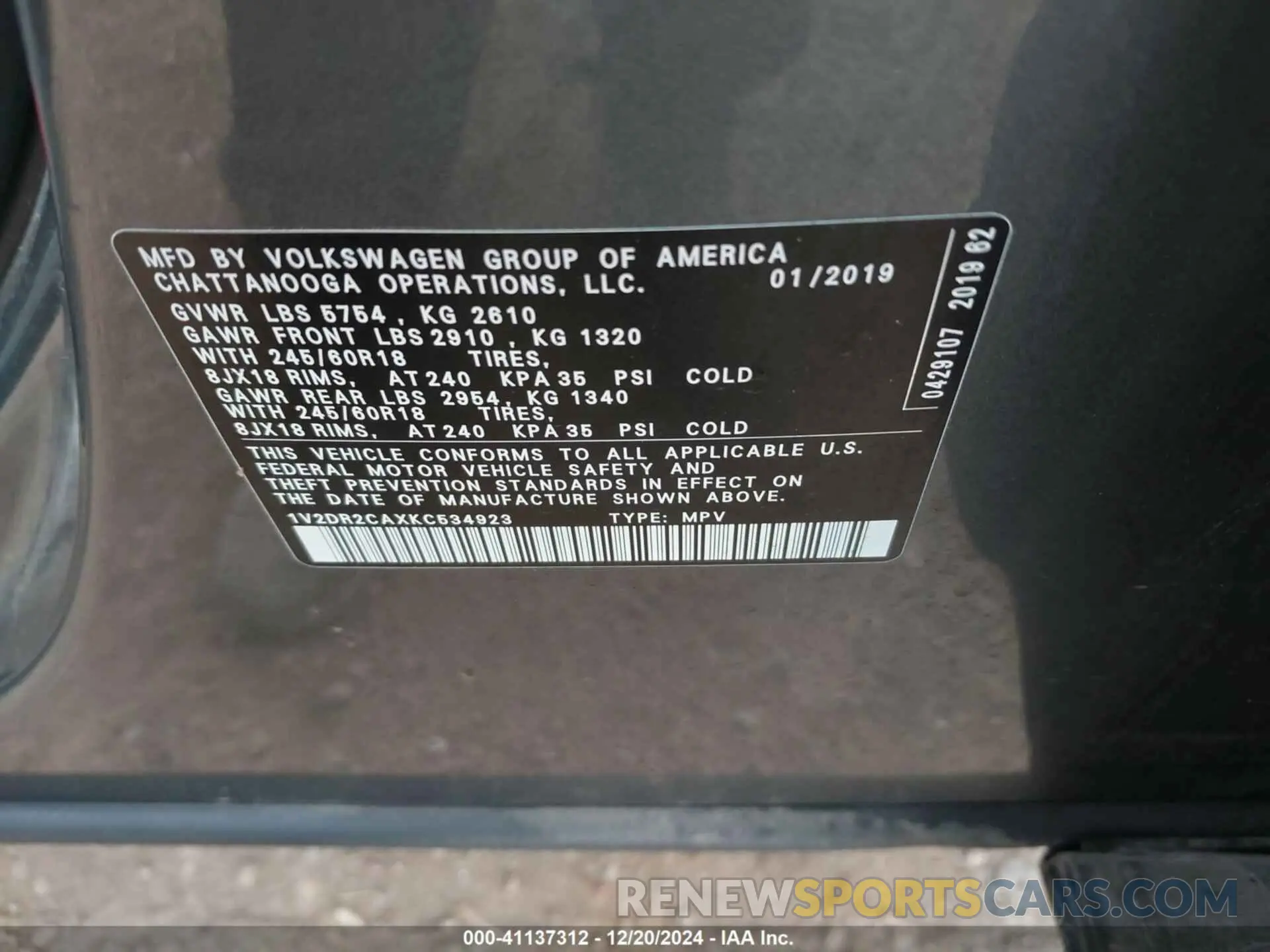 9 fotografías del automóvil dañado 1V2DR2CAXKC534923 VOLKSWAGEN ATLAS 2019