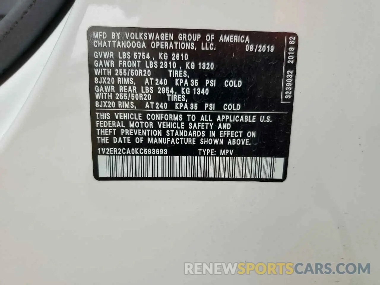 13 fotografías del automóvil dañado 1V2ER2CA0KC593693 VOLKSWAGEN ATLAS 2019