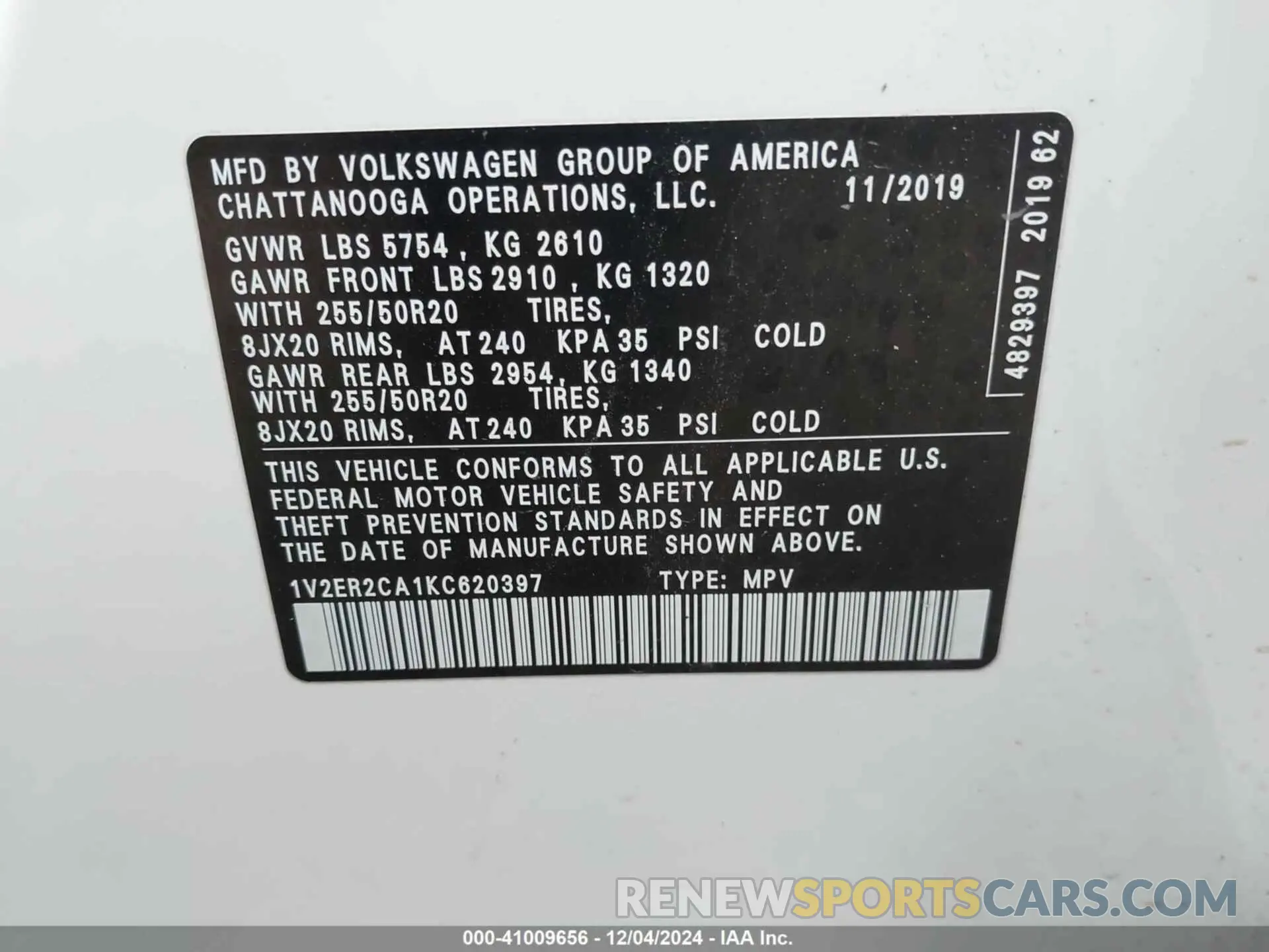 9 fotografías del automóvil dañado 1V2ER2CA1KC620397 VOLKSWAGEN ATLAS 2019