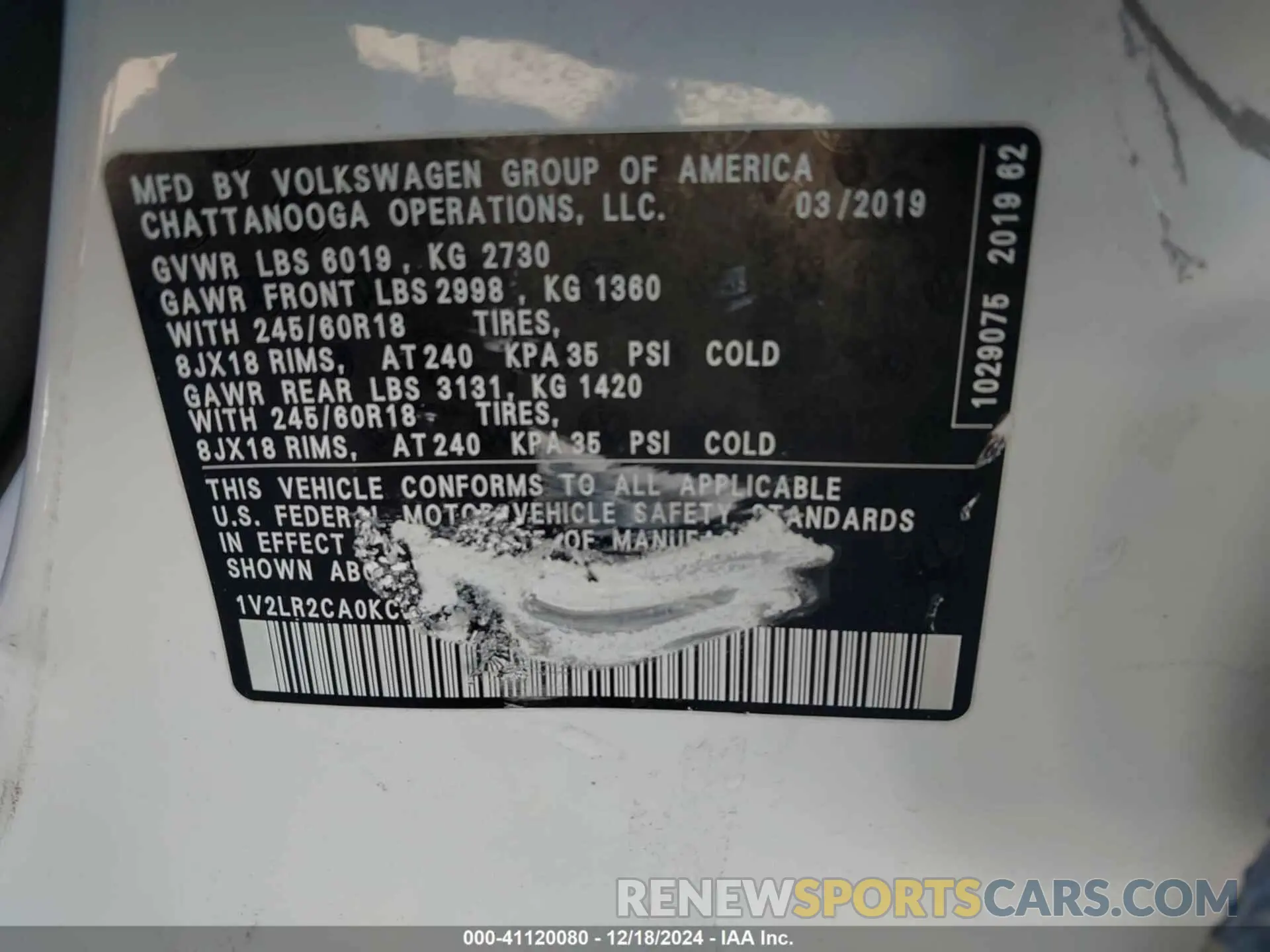 9 fotografías del automóvil dañado 1V2LR2CA0KC548163 VOLKSWAGEN ATLAS 2019