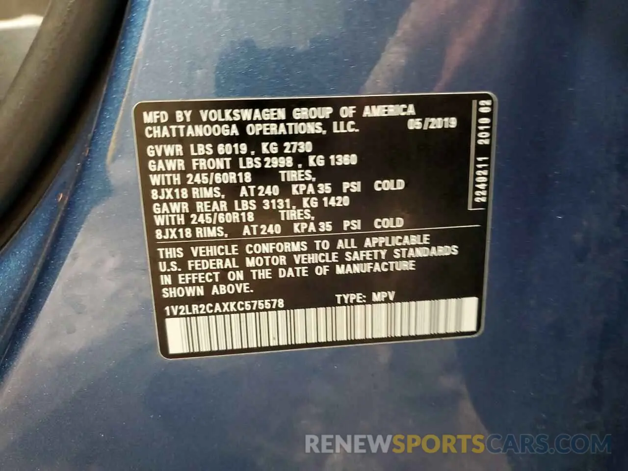 13 fotografías del automóvil dañado 1V2LR2CAXKC575578 VOLKSWAGEN ATLAS 2019