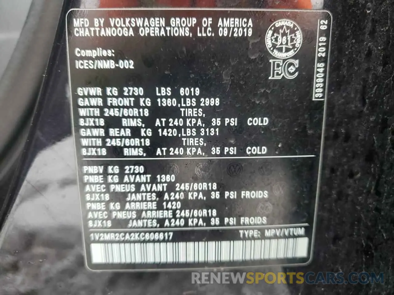 12 fotografías del automóvil dañado 1V2MR2CA2KC606617 VOLKSWAGEN ATLAS 2019