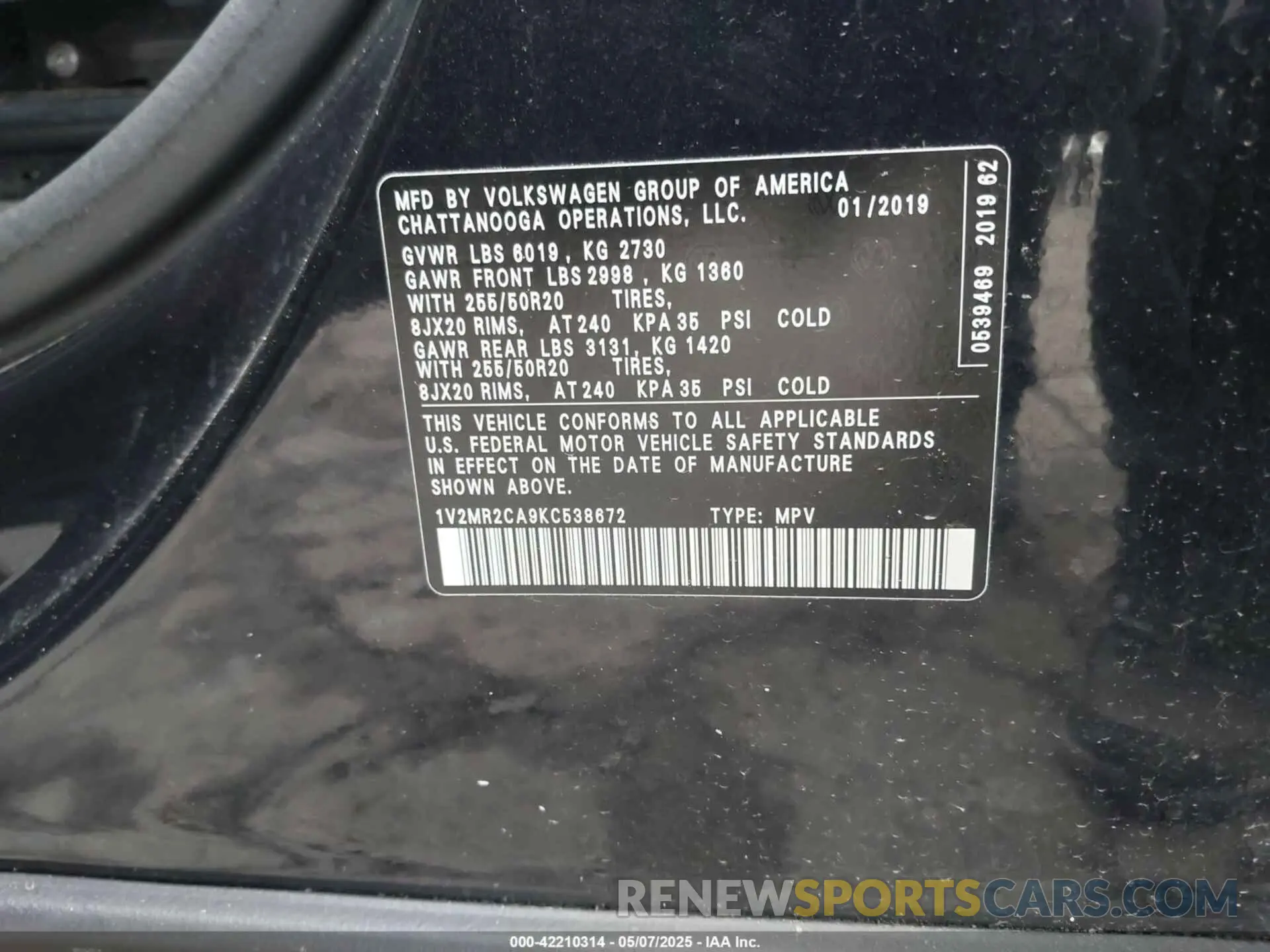 9 fotografías del automóvil dañado 1V2MR2CA9KC538672 VOLKSWAGEN ATLAS 2019