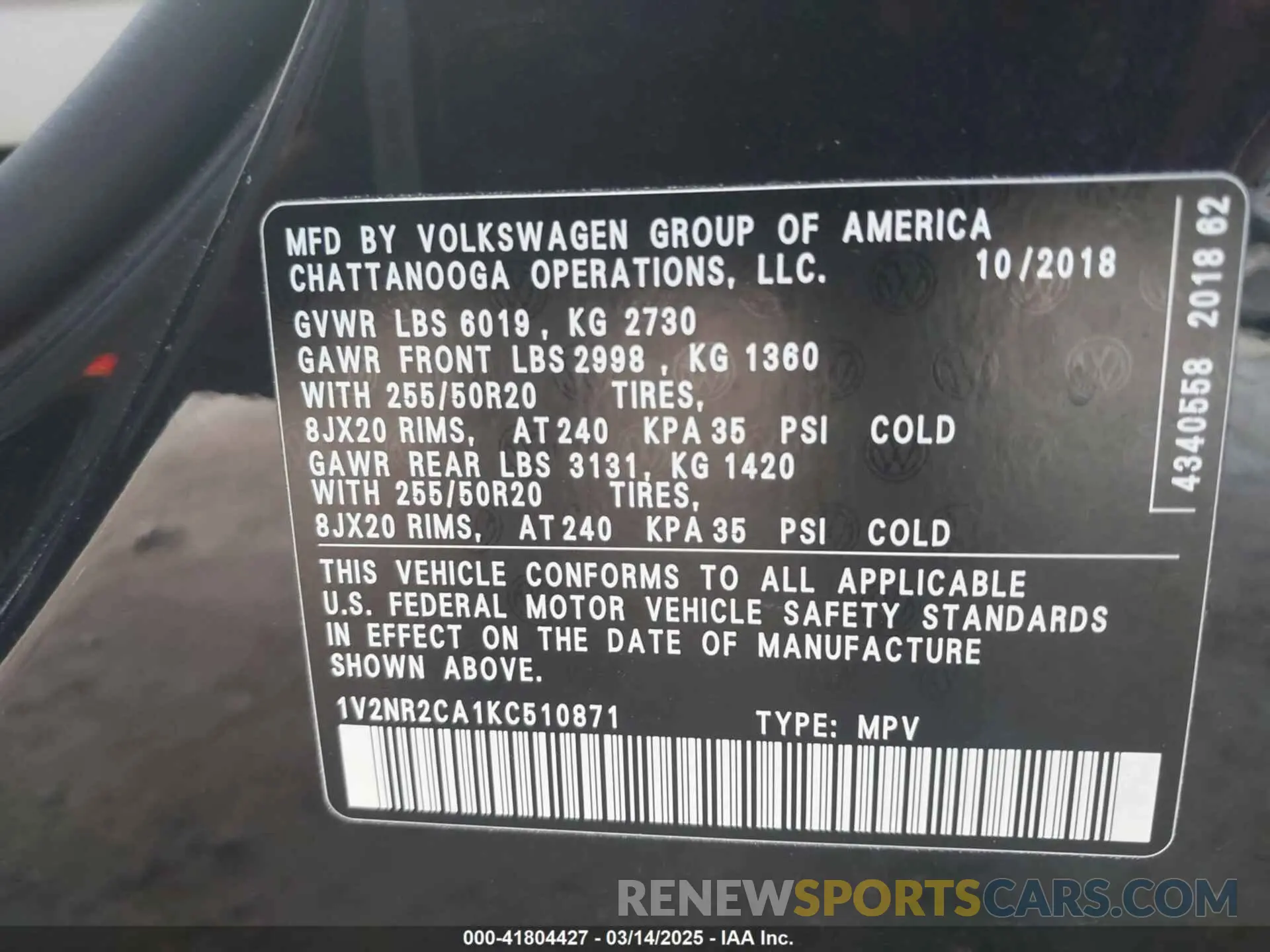 9 fotografías del automóvil dañado 1V2NR2CA1KC510871 VOLKSWAGEN ATLAS 2019
