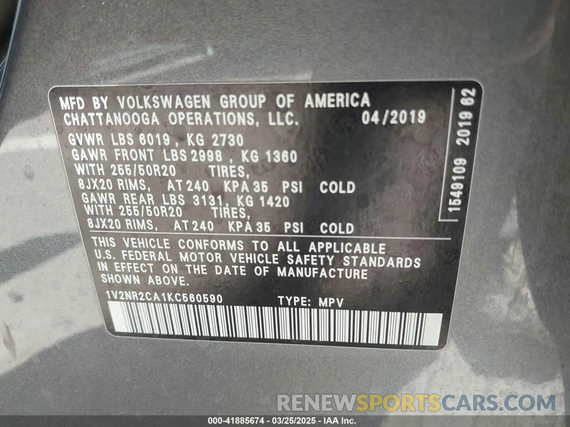 9 fotografías del automóvil dañado 1V2NR2CA1KC560590 VOLKSWAGEN ATLAS 2019