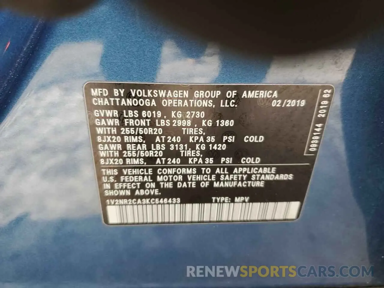 13 fotografías del automóvil dañado 1V2NR2CA3KC546433 VOLKSWAGEN ATLAS 2019