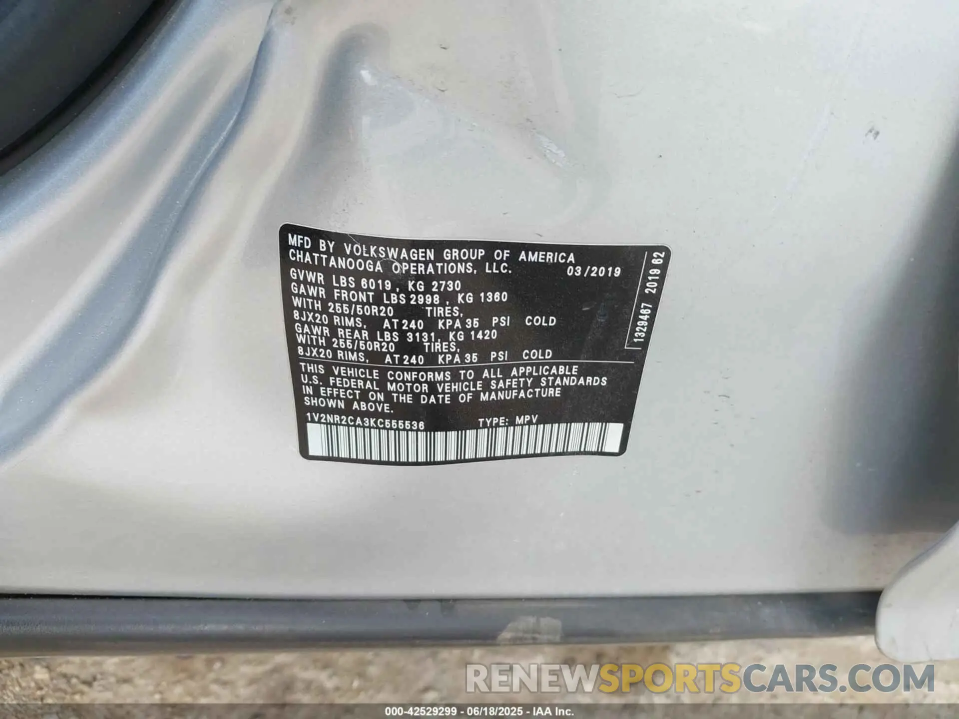 9 fotografías del automóvil dañado 1V2NR2CA3KC555536 VOLKSWAGEN ATLAS 2019