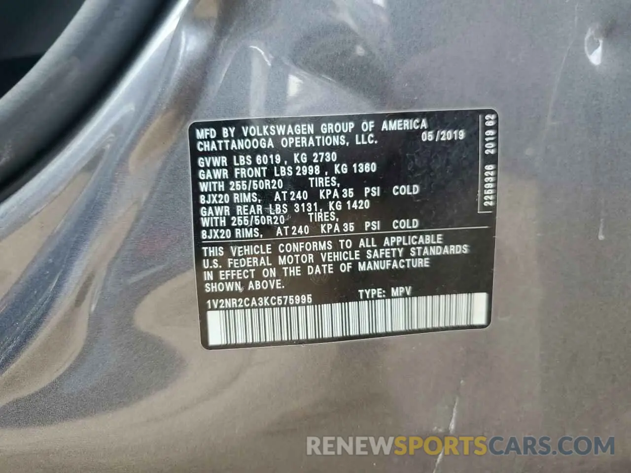 12 fotografías del automóvil dañado 1V2NR2CA3KC575995 VOLKSWAGEN ATLAS 2019
