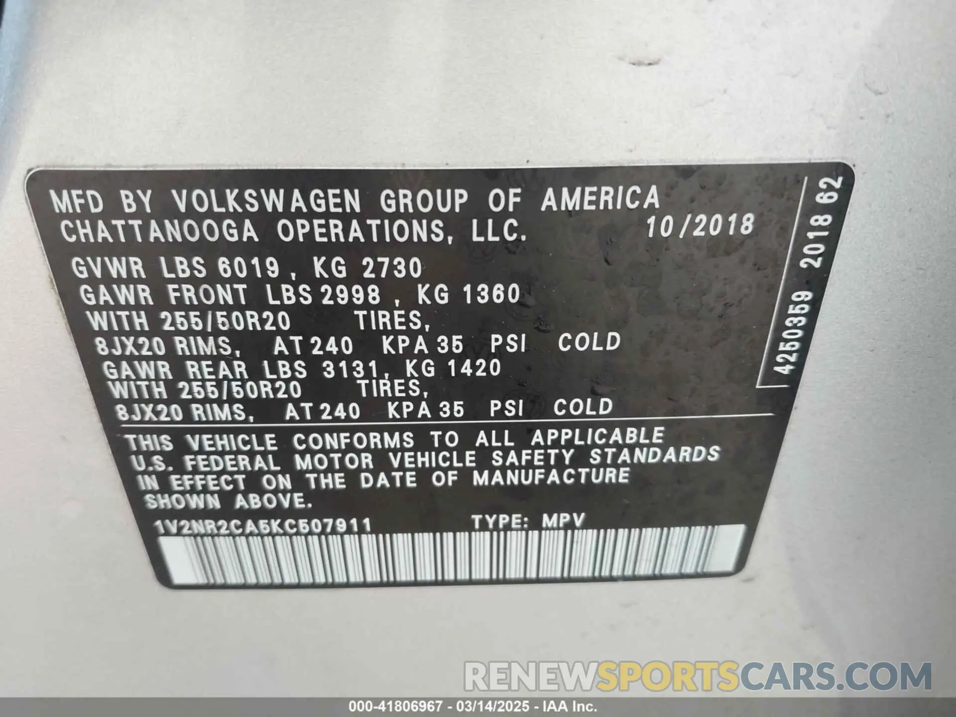 9 fotografías del automóvil dañado 1V2NR2CA5KC507911 VOLKSWAGEN ATLAS 2019
