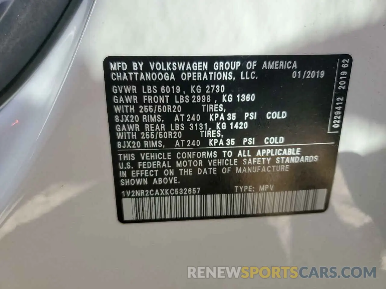 13 fotografías del automóvil dañado 1V2NR2CAXKC532657 VOLKSWAGEN ATLAS 2019