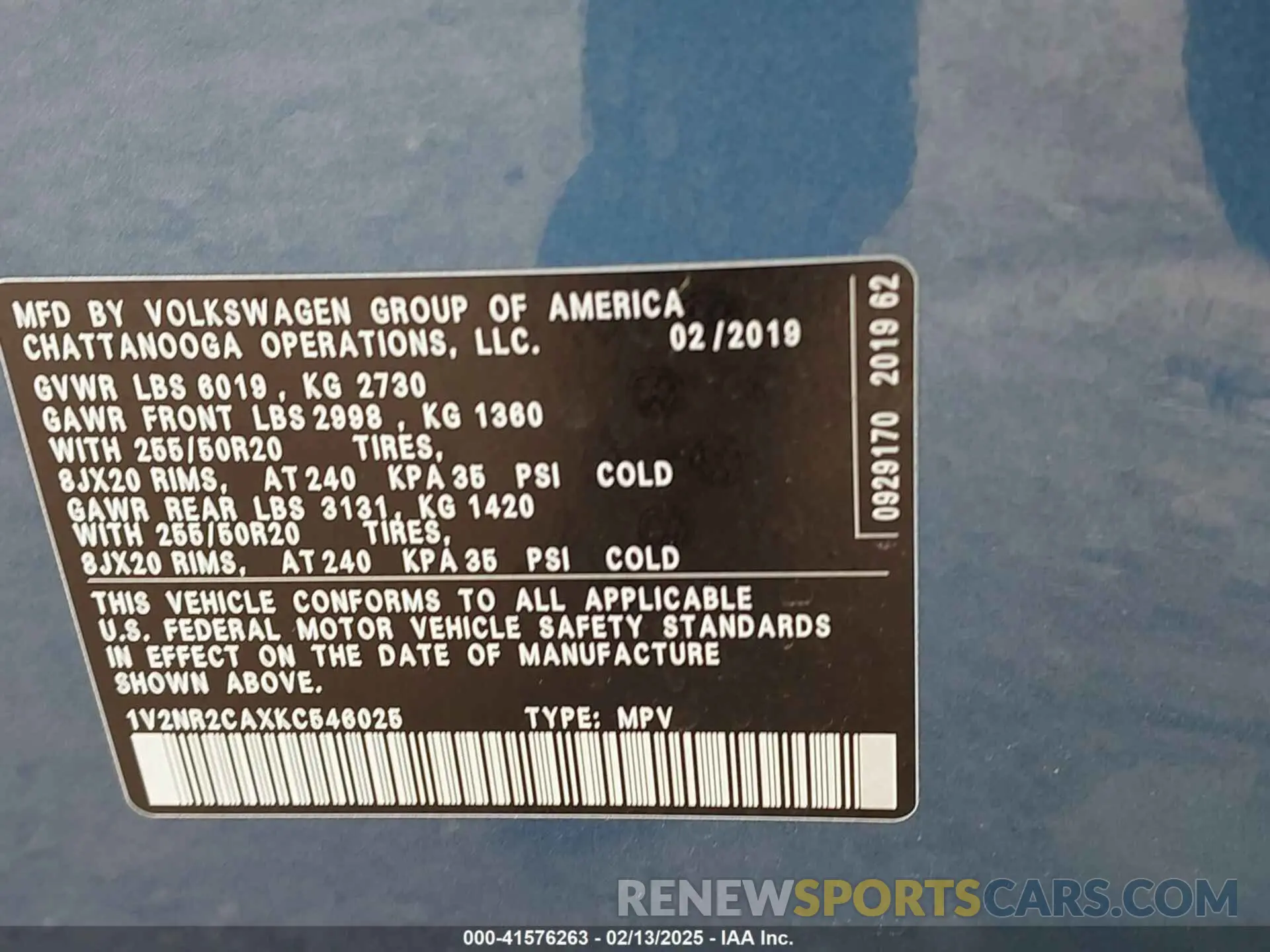 9 fotografías del automóvil dañado 1V2NR2CAXKC546025 VOLKSWAGEN ATLAS 2019