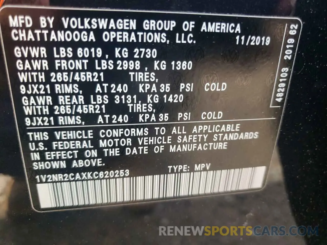 13 fotografías del automóvil dañado 1V2NR2CAXKC620253 VOLKSWAGEN ATLAS 2019