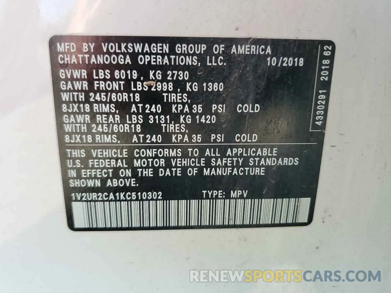 15 fotografías del automóvil dañado 1V2UR2CA1KC510302 VOLKSWAGEN ATLAS 2019