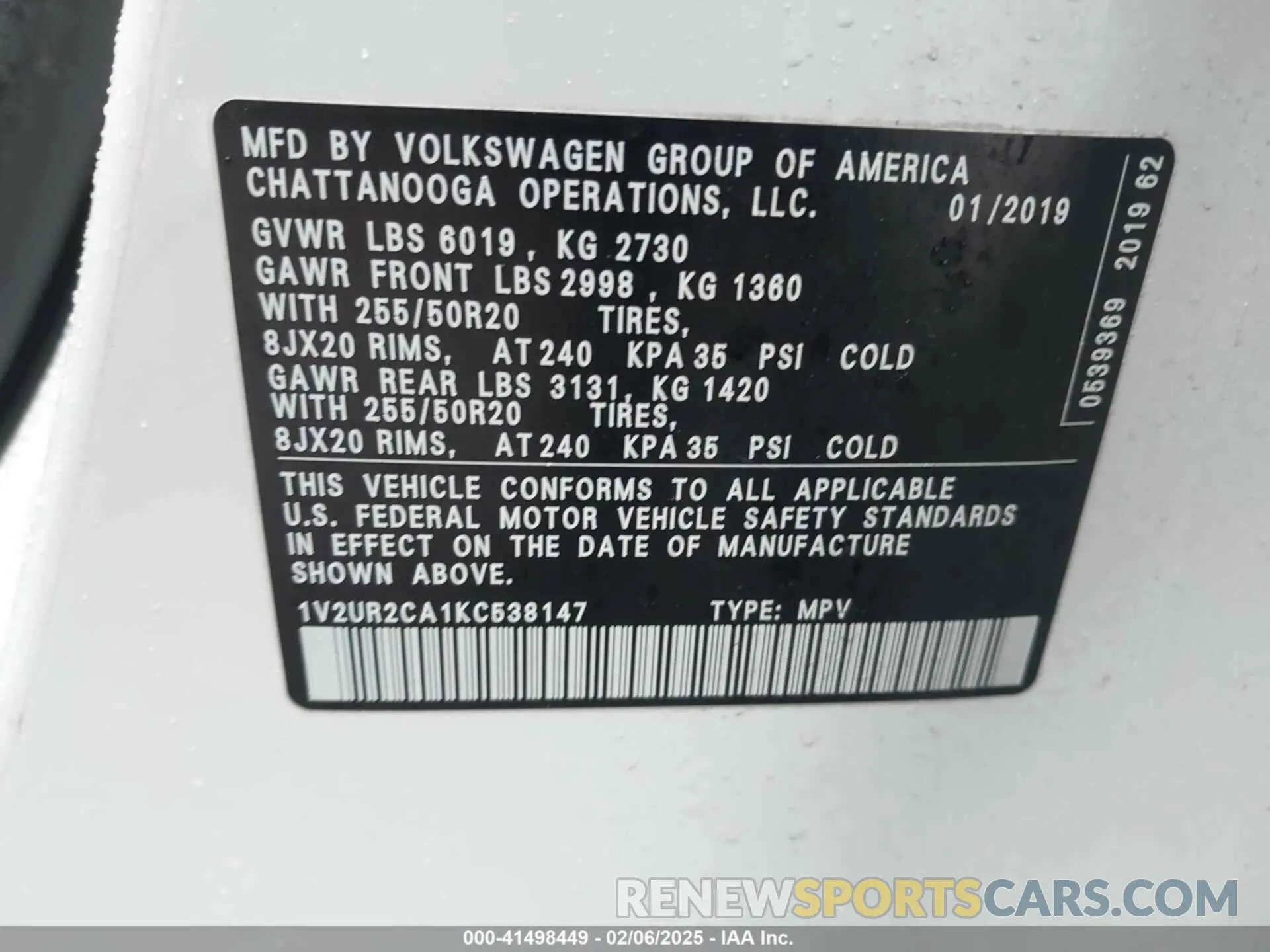 9 fotografías del automóvil dañado 1V2UR2CA1KC538147 VOLKSWAGEN ATLAS 2019