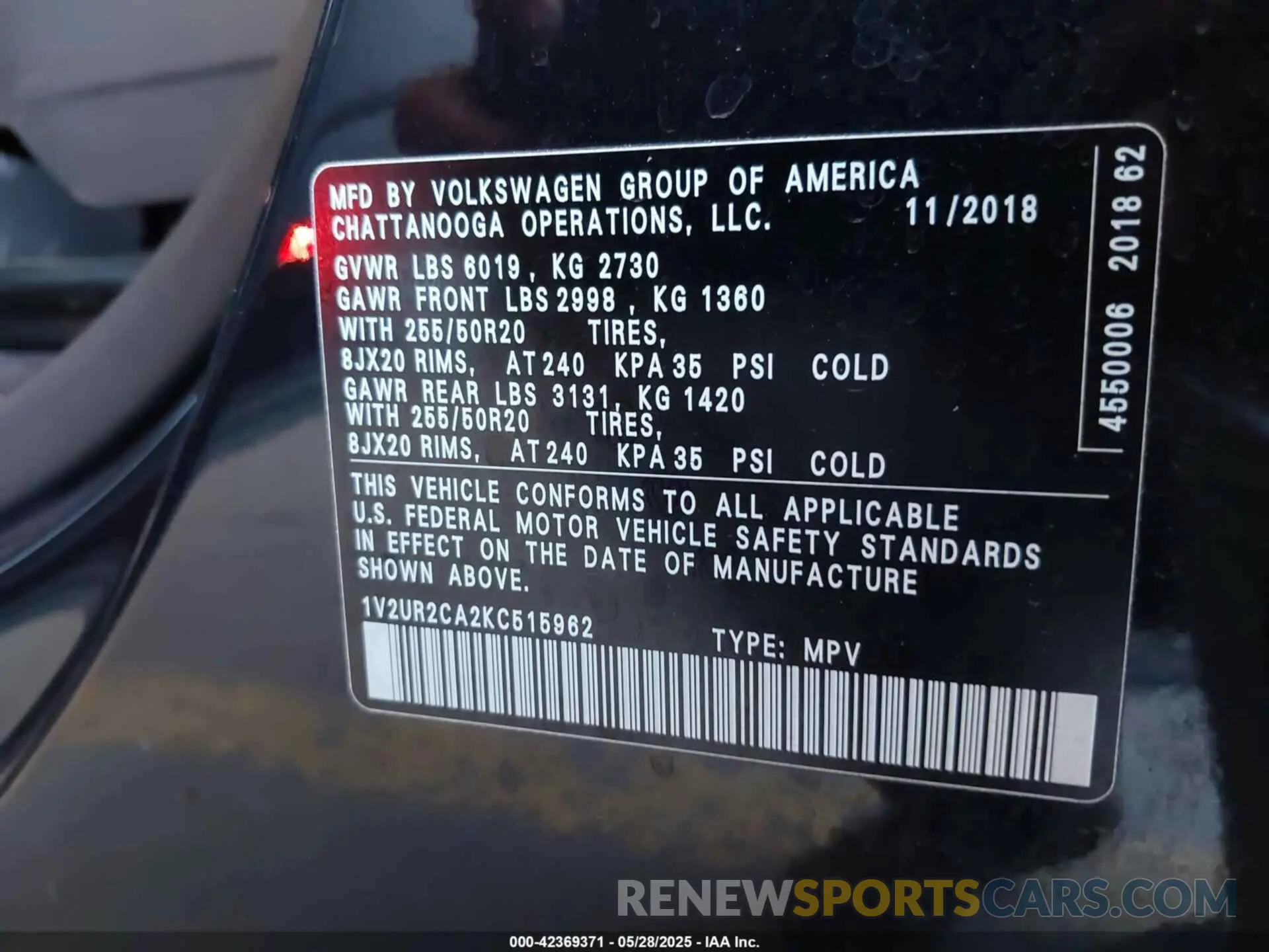 9 fotografías del automóvil dañado 1V2UR2CA2KC515962 VOLKSWAGEN ATLAS 2019
