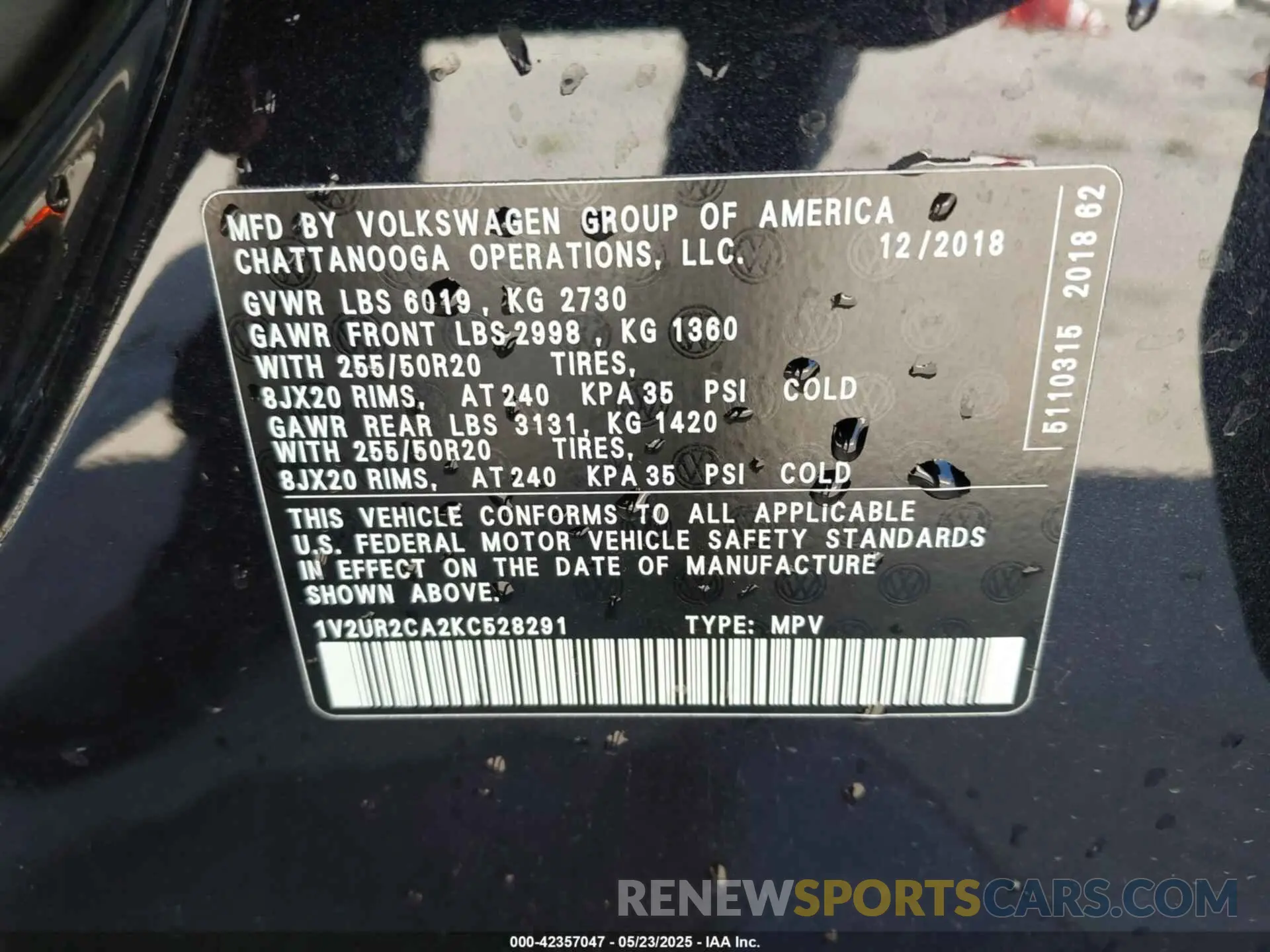 9 fotografías del automóvil dañado 1V2UR2CA2KC528291 VOLKSWAGEN ATLAS 2019