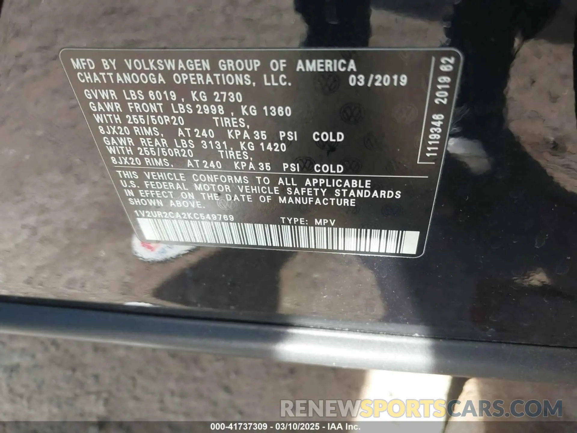 9 fotografías del automóvil dañado 1V2UR2CA2KC549769 VOLKSWAGEN ATLAS 2019