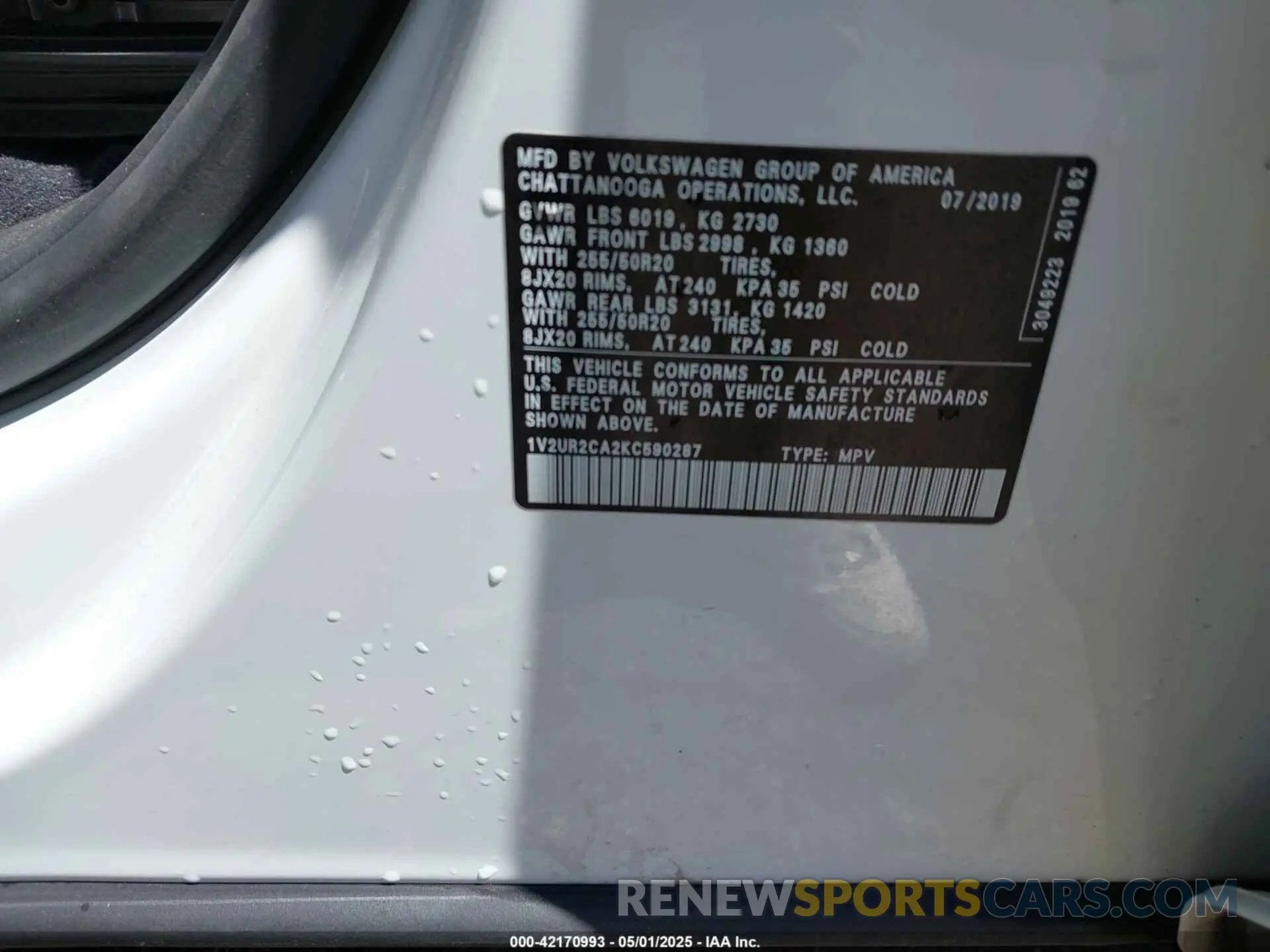 9 fotografías del automóvil dañado 1V2UR2CA2KC590287 VOLKSWAGEN ATLAS 2019