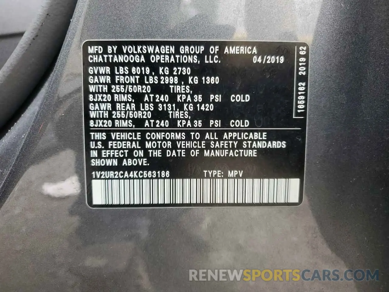 13 fotografías del automóvil dañado 1V2UR2CA4KC563186 VOLKSWAGEN ATLAS 2019