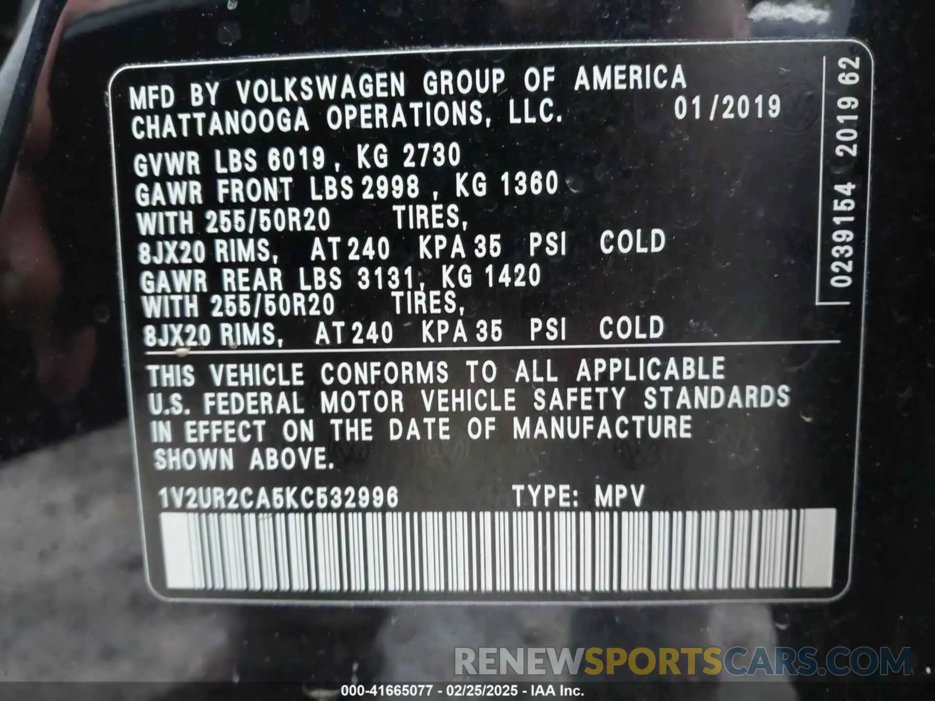 9 fotografías del automóvil dañado 1V2UR2CA5KC532996 VOLKSWAGEN ATLAS 2019