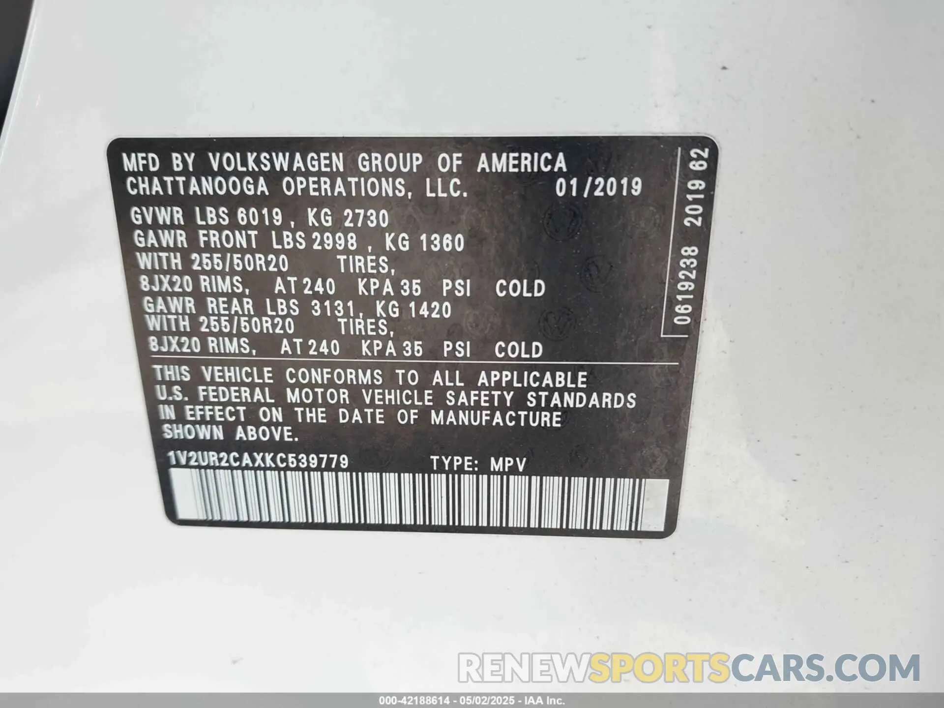 9 fotografías del automóvil dañado 1V2UR2CAXKC539779 VOLKSWAGEN ATLAS 2019