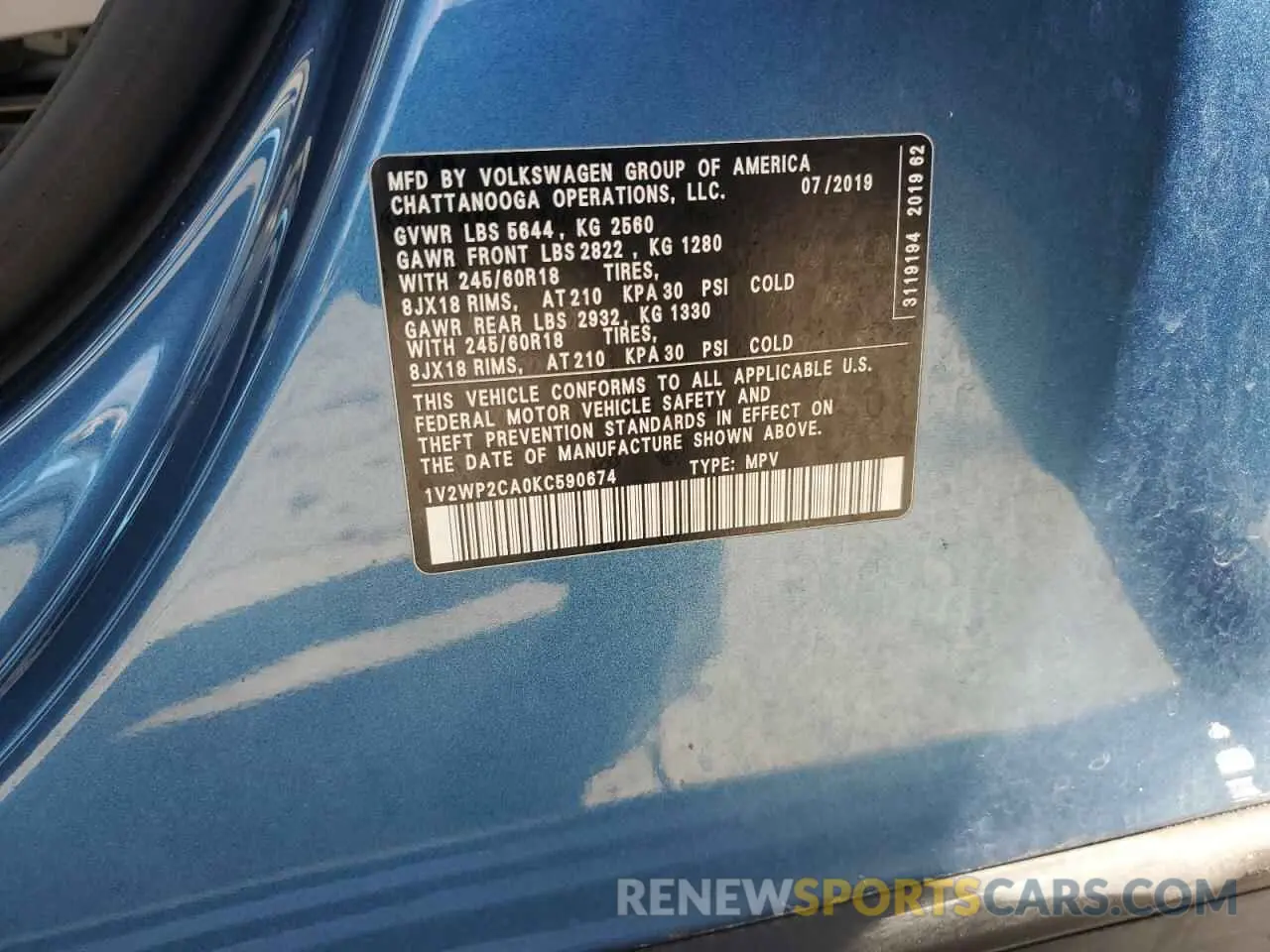 13 fotografías del automóvil dañado 1V2WP2CA0KC590674 VOLKSWAGEN ATLAS 2019
