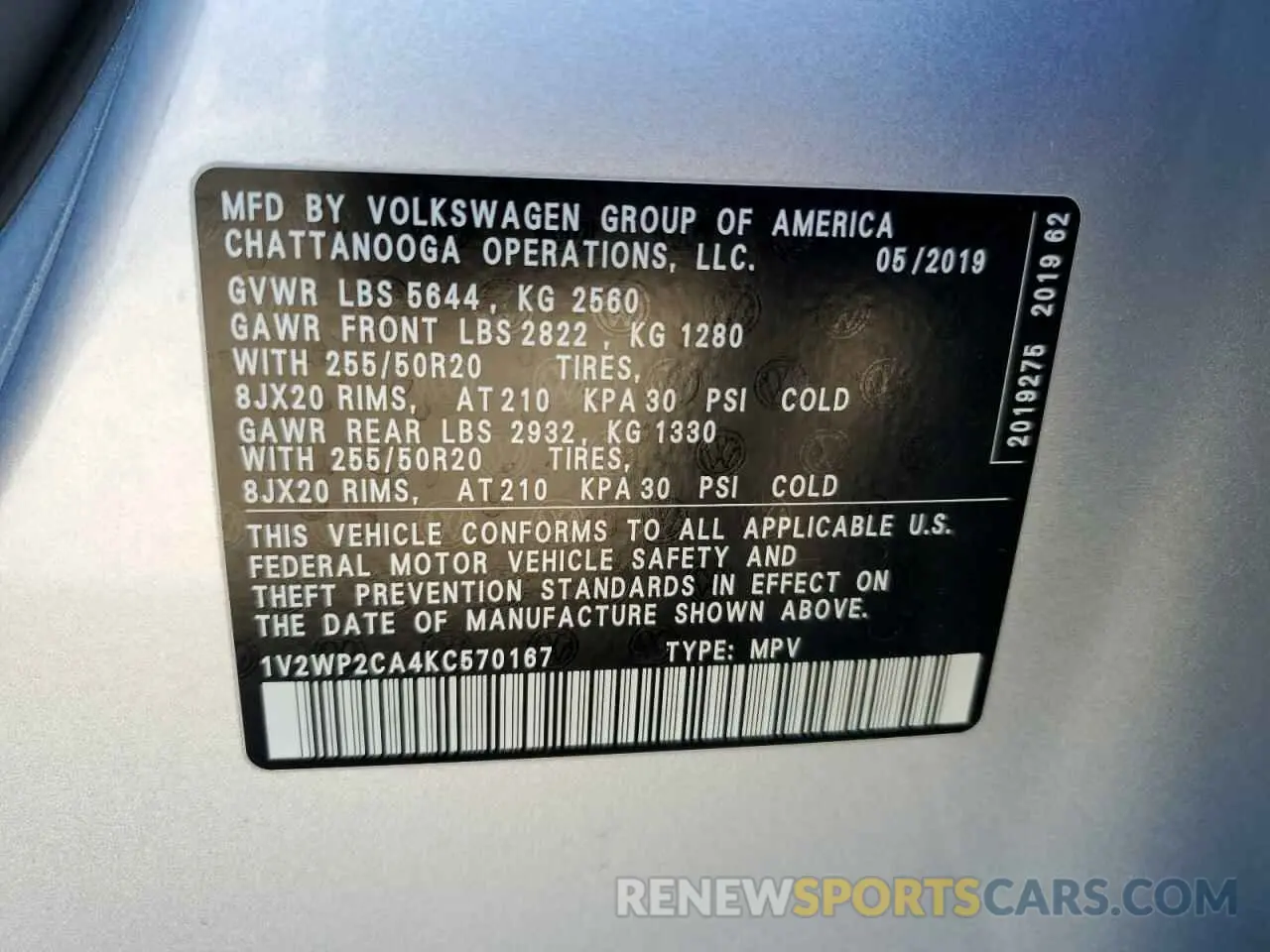 13 fotografías del automóvil dañado 1V2WP2CA4KC570167 VOLKSWAGEN ATLAS 2019