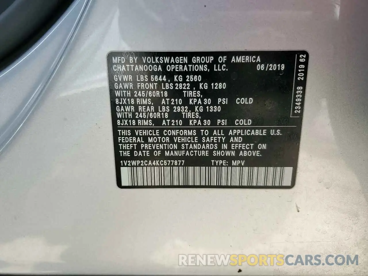 15 fotografías del automóvil dañado 1V2WP2CA4KC577877 VOLKSWAGEN ATLAS 2019