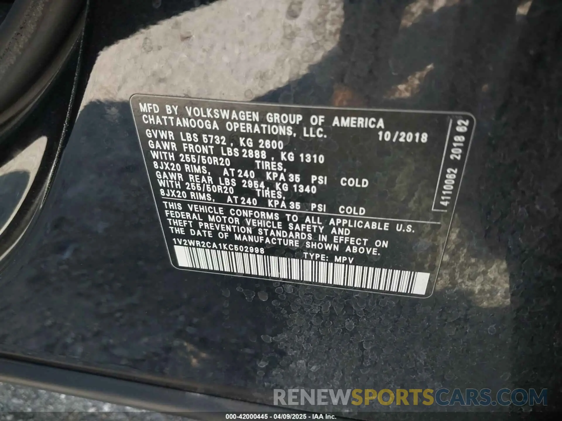 9 fotografías del automóvil dañado 1V2WR2CA1KC502998 VOLKSWAGEN ATLAS 2019