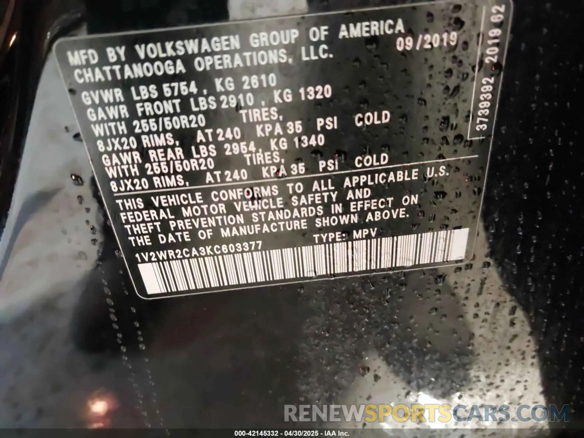 9 fotografías del automóvil dañado 1V2WR2CA3KC603377 VOLKSWAGEN ATLAS 2019