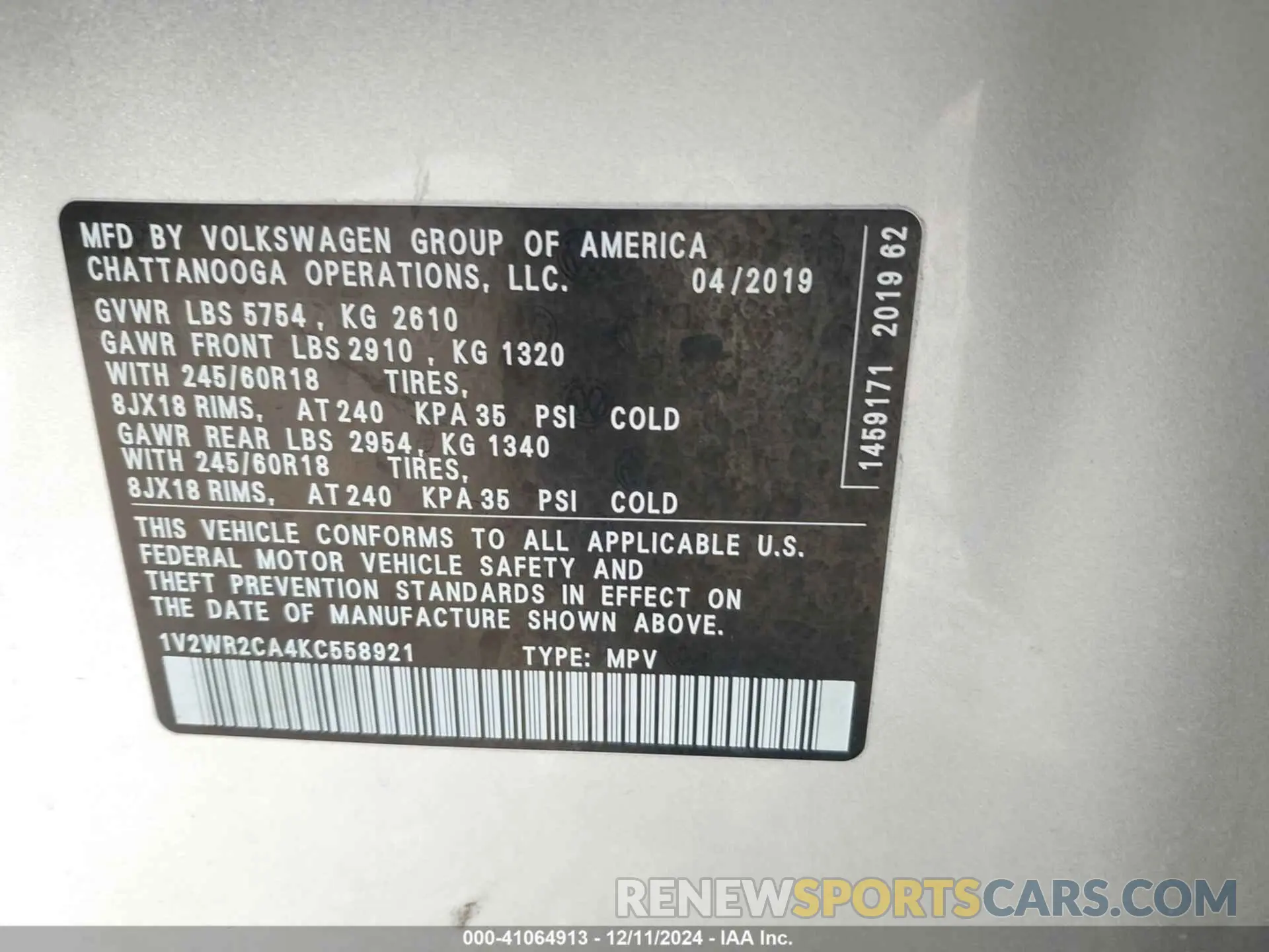 9 fotografías del automóvil dañado 1V2WR2CA4KC558921 VOLKSWAGEN ATLAS 2019