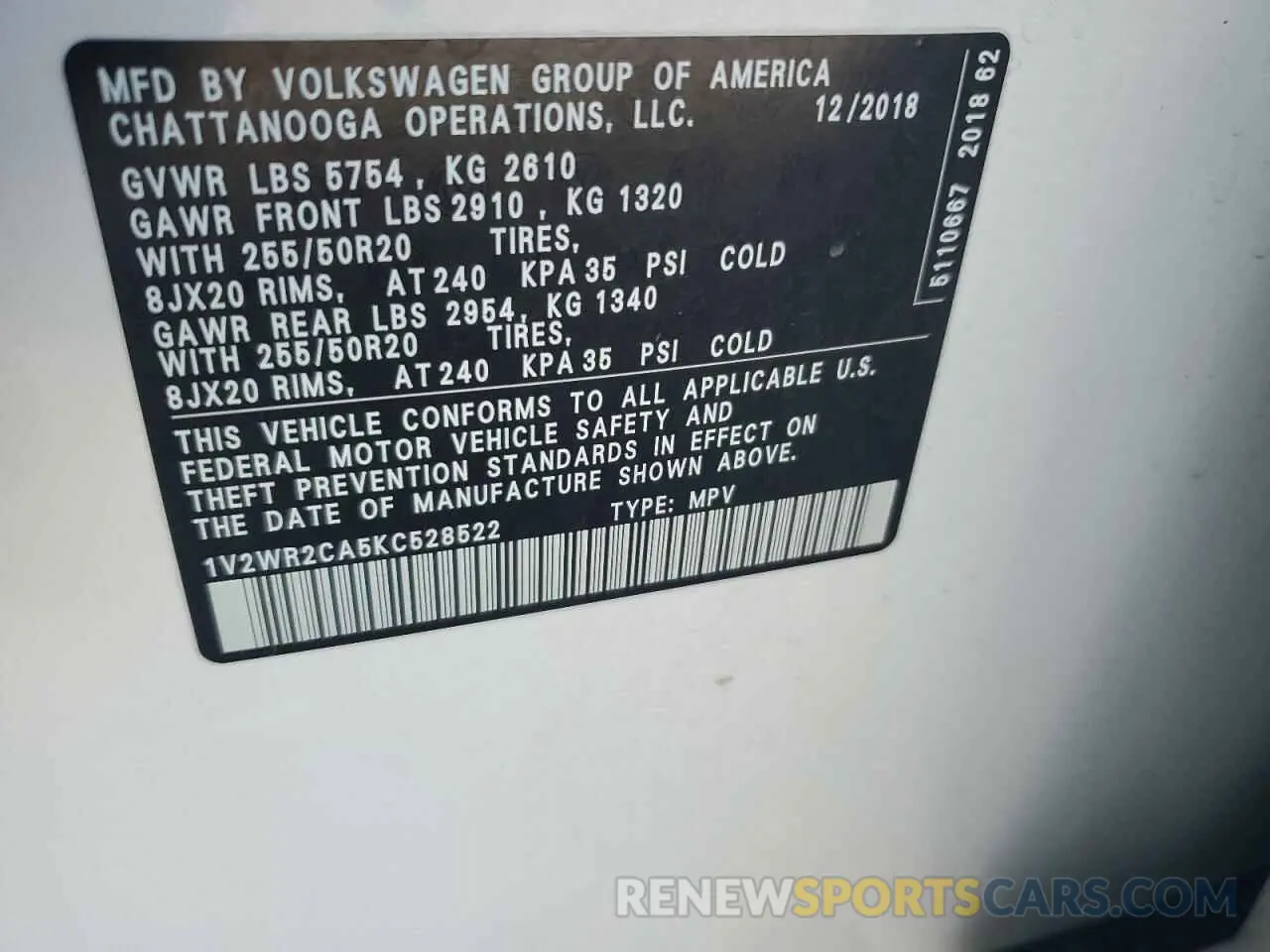 12 fotografías del automóvil dañado 1V2WR2CA5KC528522 VOLKSWAGEN ATLAS 2019
