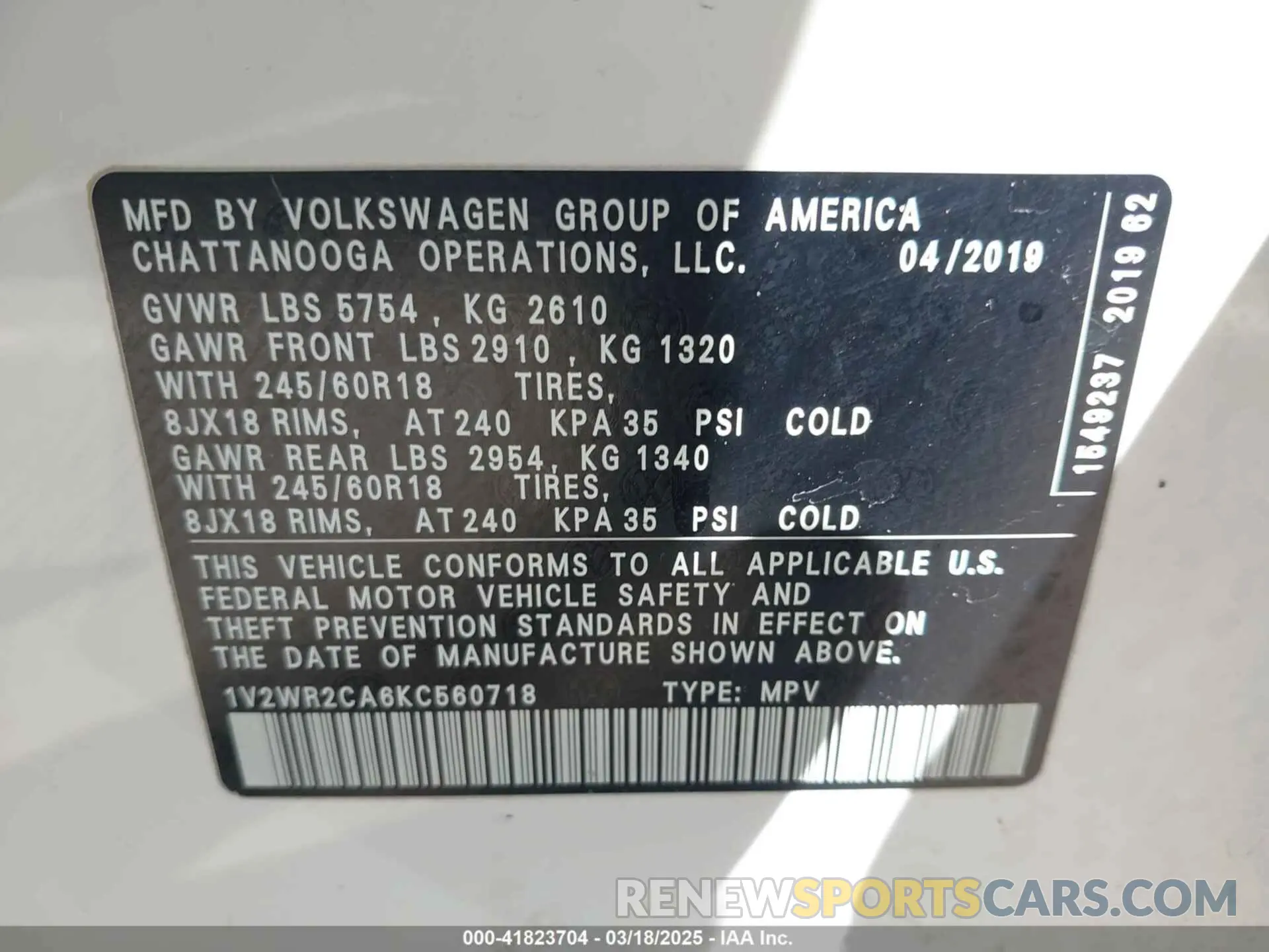 9 fotografías del automóvil dañado 1V2WR2CA6KC560718 VOLKSWAGEN ATLAS 2019