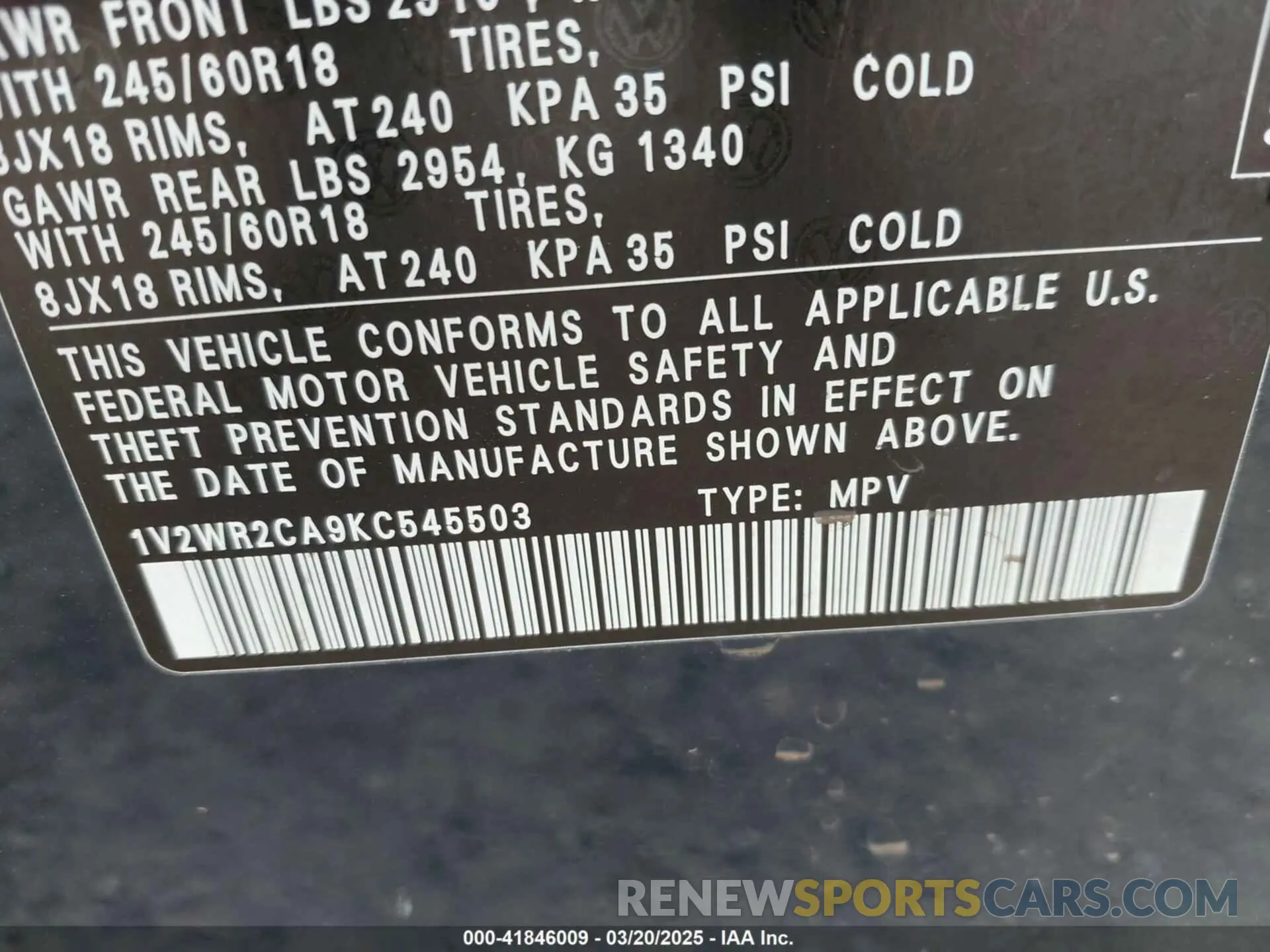 9 fotografías del automóvil dañado 1V2WR2CA9KC545503 VOLKSWAGEN ATLAS 2019