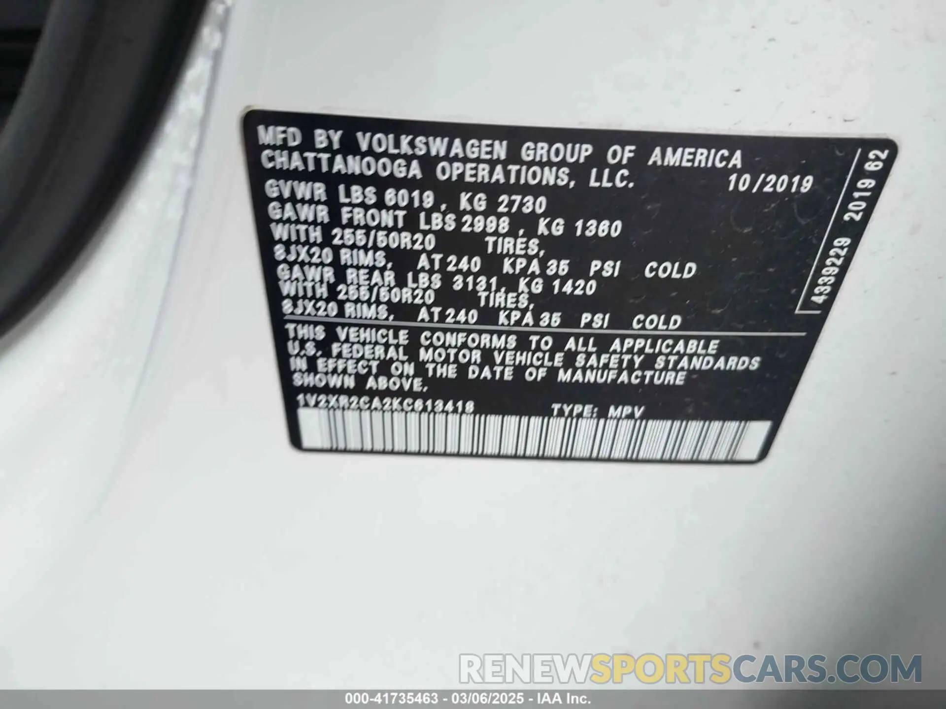 9 fotografías del automóvil dañado 1V2XR2CA2KC613418 VOLKSWAGEN ATLAS 2019