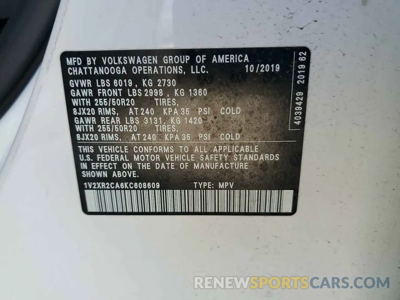 13 fotografías del automóvil dañado 1V2XR2CA6KC608609 VOLKSWAGEN ATLAS 2019