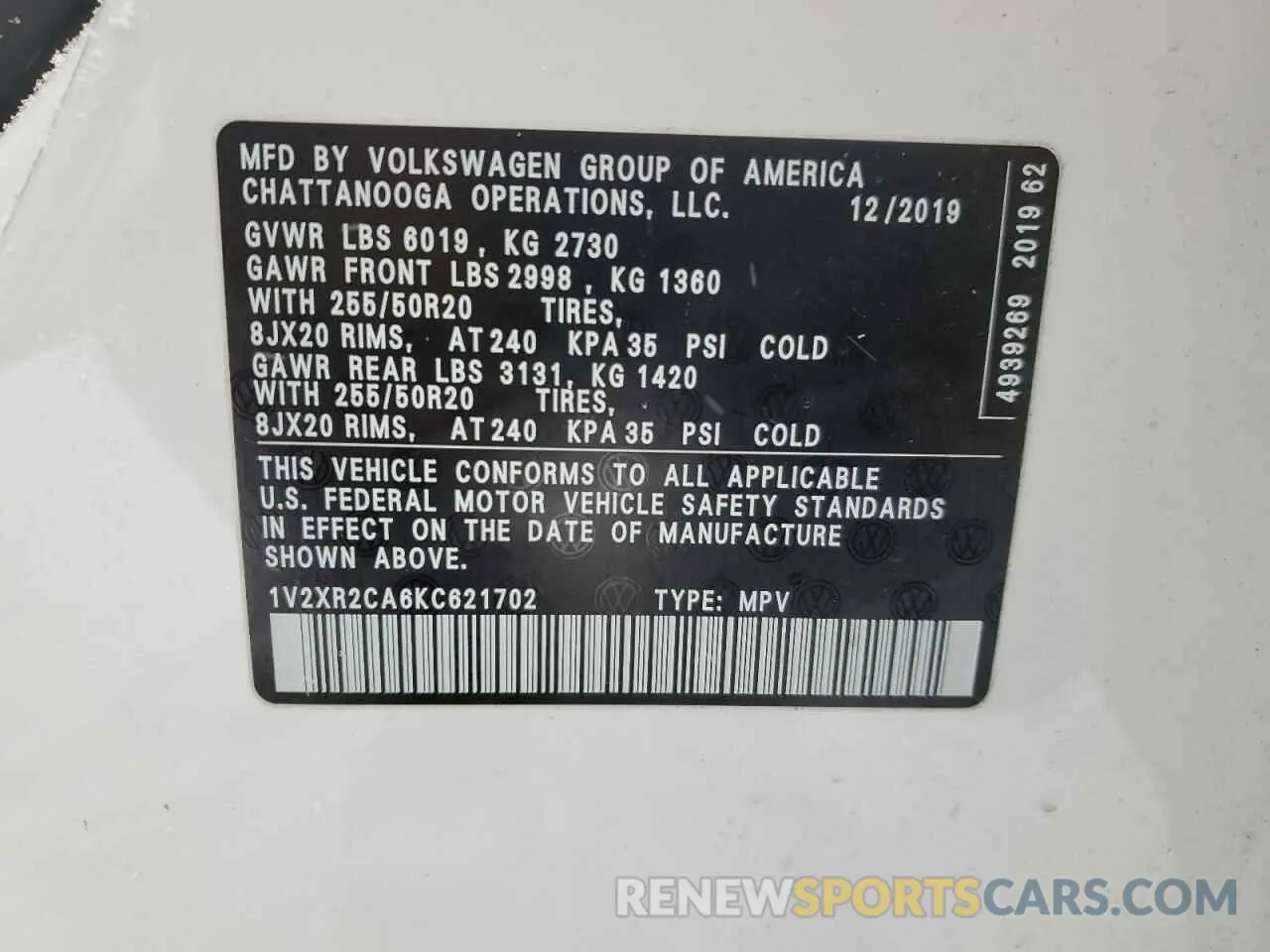 14 fotografías del automóvil dañado 1V2XR2CA6KC621702 VOLKSWAGEN ATLAS 2019