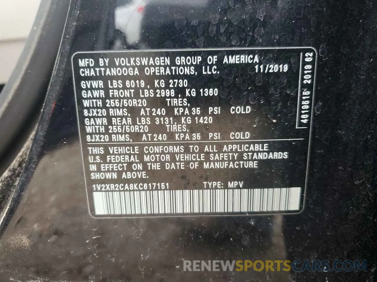 15 fotografías del automóvil dañado 1V2XR2CA8KC617151 VOLKSWAGEN ATLAS 2019