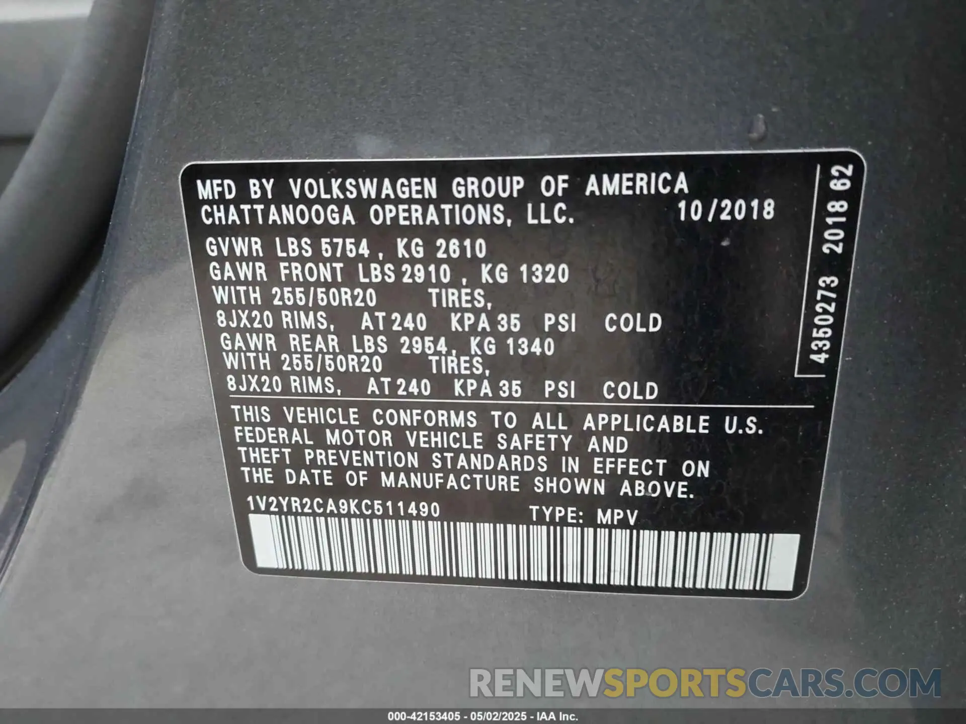 9 fotografías del automóvil dañado 1V2YR2CA9KC511490 VOLKSWAGEN ATLAS 2019